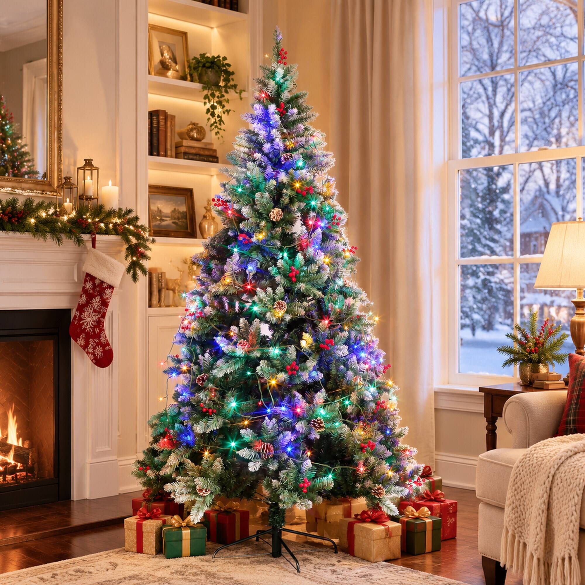 Left. RYHNUYNE - 6FT Pre-Lit Artificial Christmas Tree With 150 LED Lights and 750 Tips, Green Metal Hinges and Foldable Base - Army Green.
