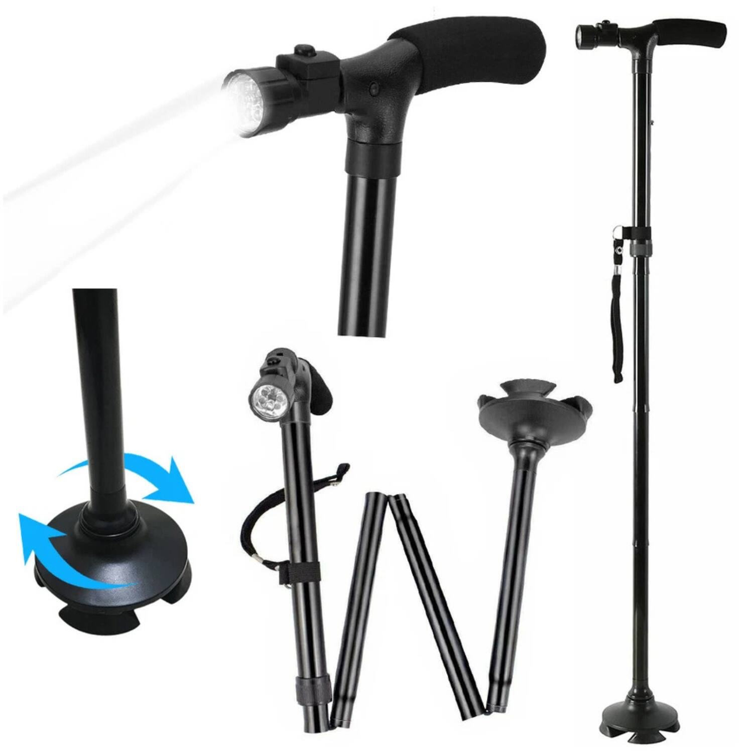 Angle. Stock Preferred - Foldable and Adjustable LED Light Walking Cane - Black.