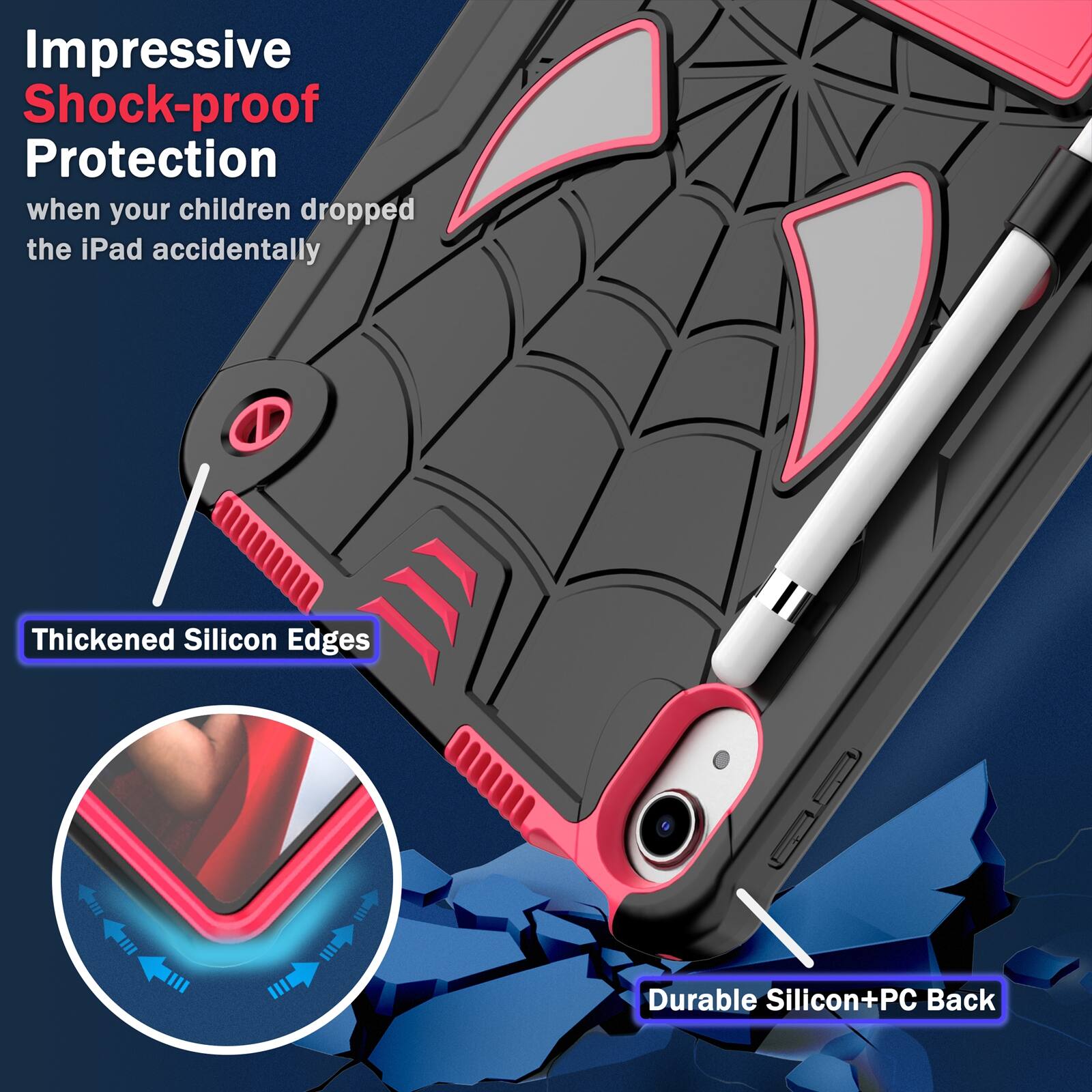 Impressive Shock-proof Protection when your children dropped the iPad accidentally

Thickened Silicon Edges

Durable Silicon+PC Back