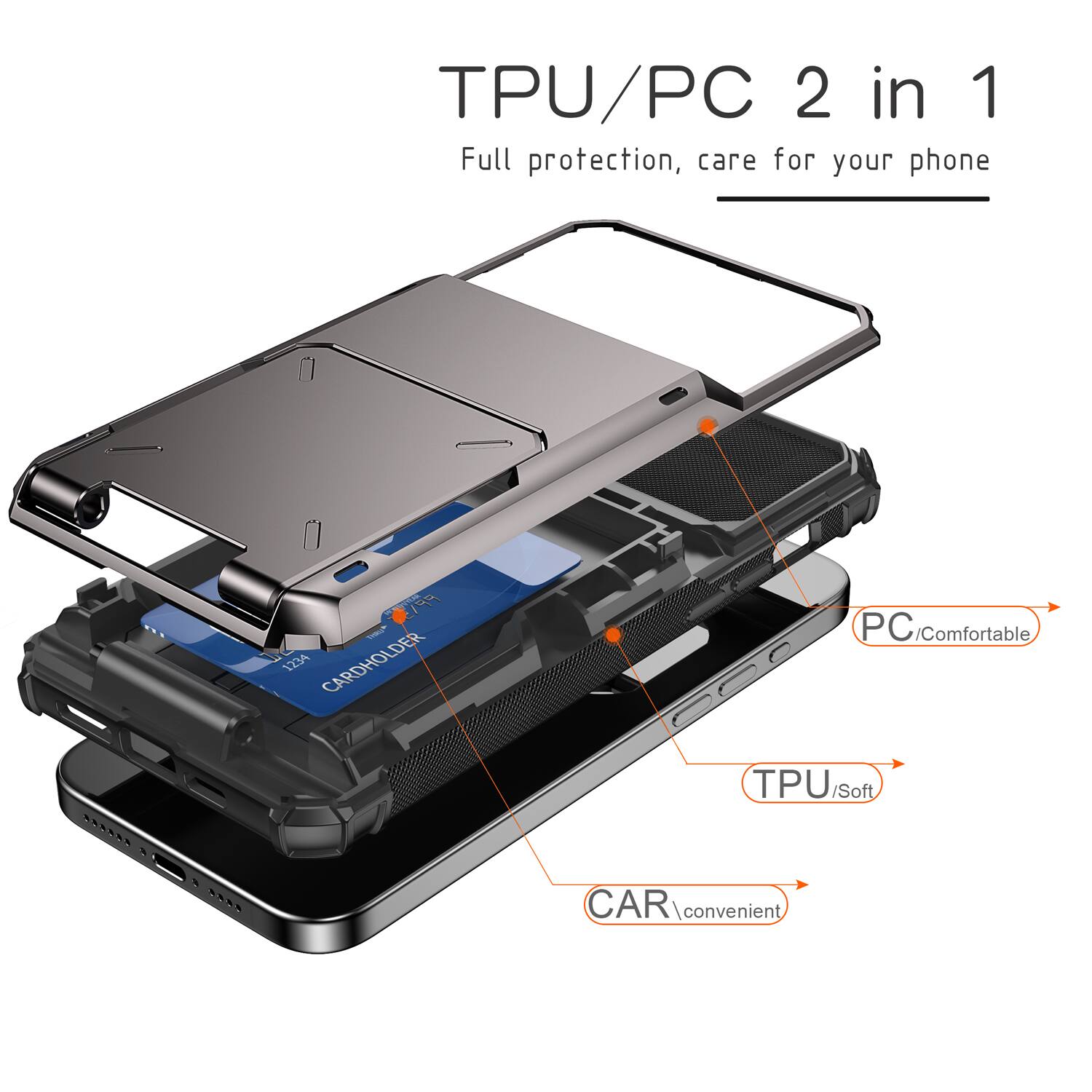 TPU/PC 2 in 1 Full protection, care for your phone

- PC/Comfortable
- TPU/Soft
- CAR/convenient
