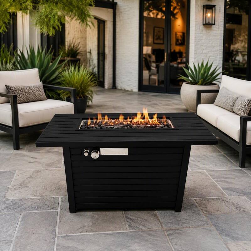 Left. RYHNUYNE - 42"W x 25" H Black Steel Outdoor Fire Pit Table with Lid, Rectangular Patio Firepit for Backyard & Deck - Black.