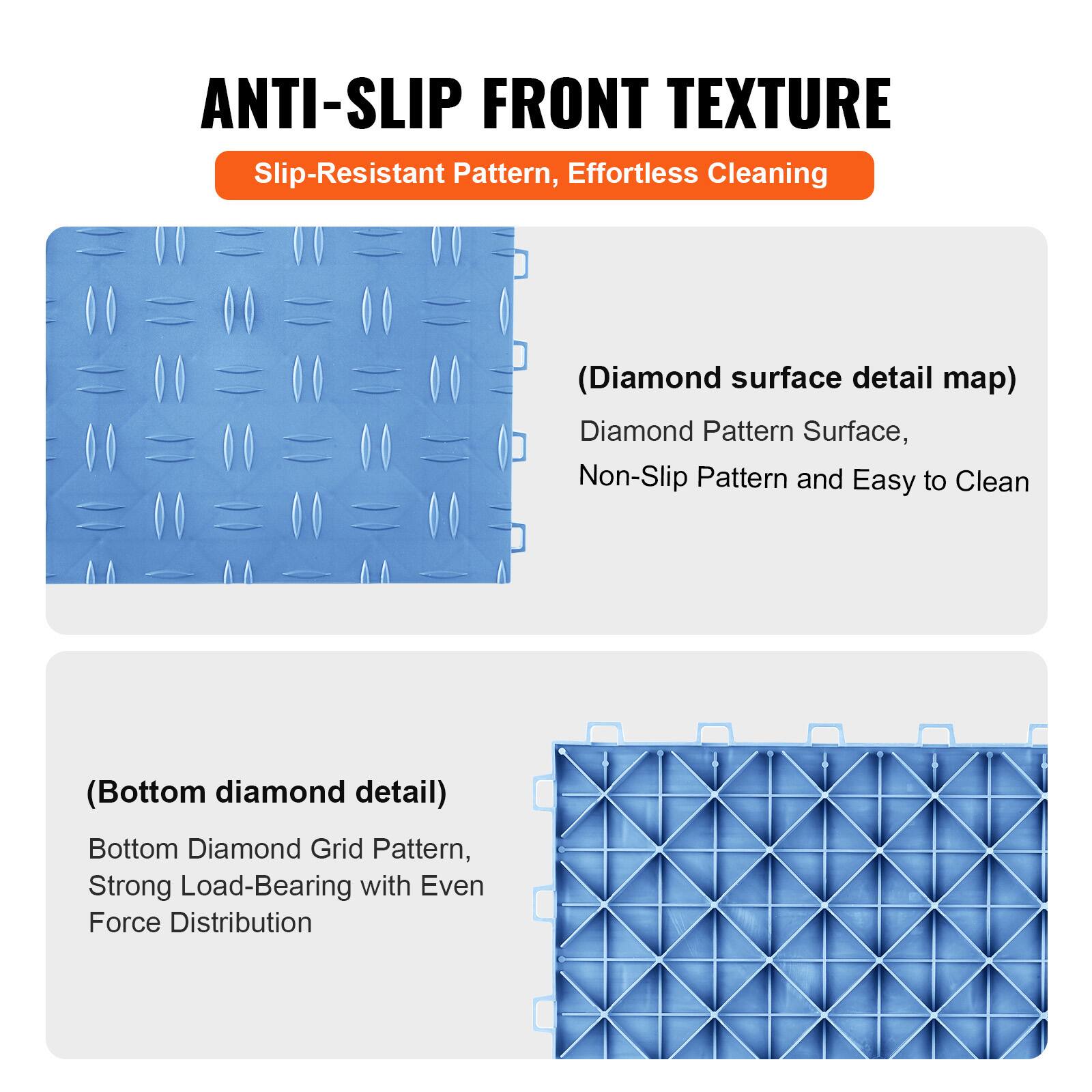 ANTI-SLIP FRONT TEXTURE  
Slip-Resistant Pattern, Effortless Cleaning  

(Diamond surface detail map)  
Diamond Pattern Surface, Non-Slip Pattern and Easy to Clean  

(Bottom diamond detail)  
Bottom Diamond Grid Pattern, Strong Load-Bearing with Even Force Distribution