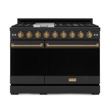 Front. Thor Kitchen - 48 in. Wide 7 Burner Gordon Ramsay Series by Thor Kitchen 6.8 Cu. Ft Freestanding LP Gas Range with Bronze Hardware - Black.