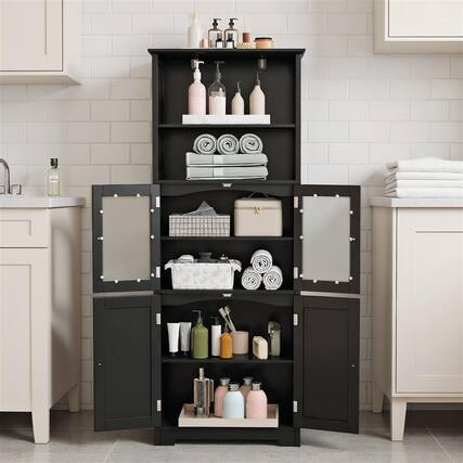 Front. Pefilos - 6-Tier Freestanding Bathroom Cabinet, 2 Open Compartments, Adjustable Shelves - Black.