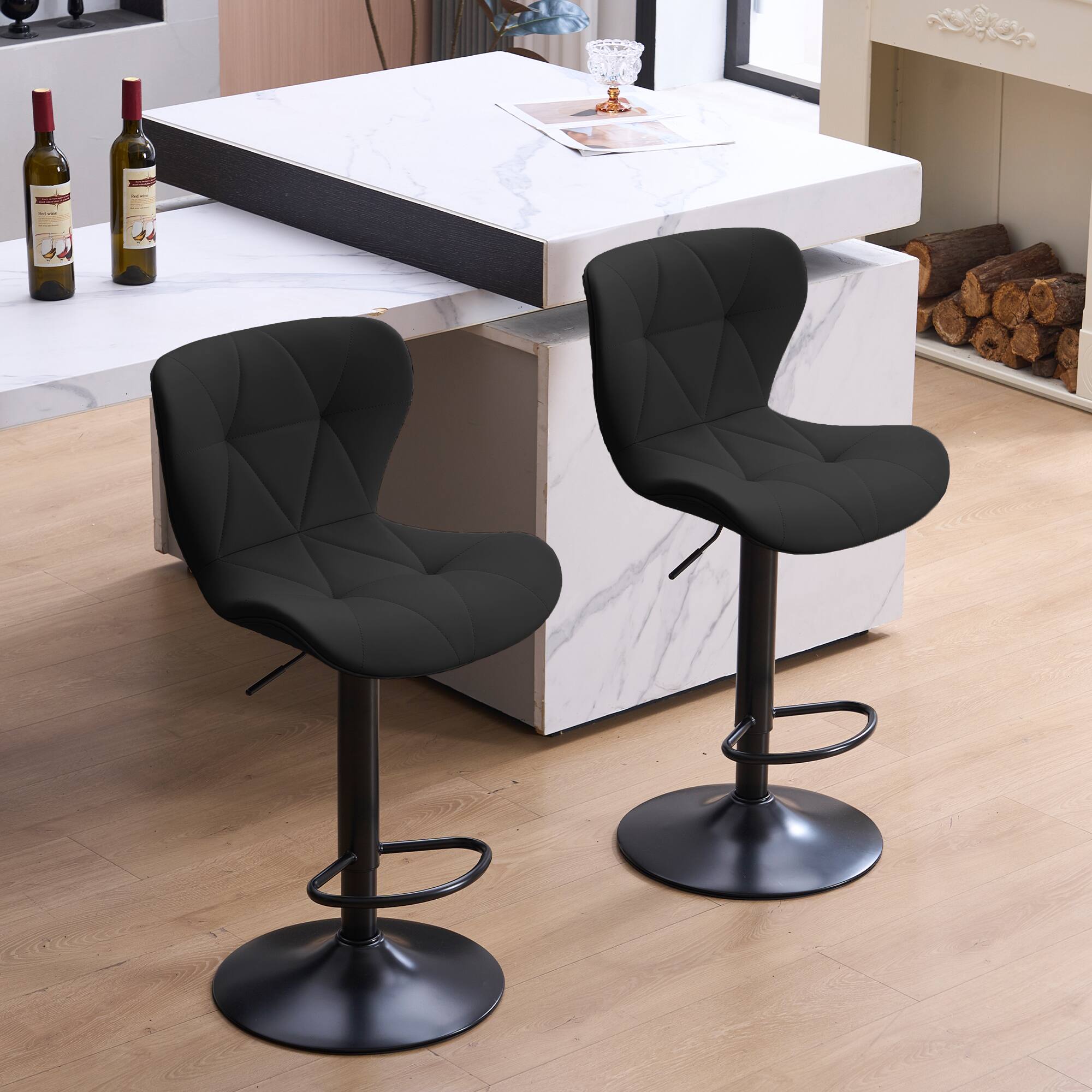 Angle. FERPIT - FERPIT Set of 2 Modern Adjustable Height Bar Stools Padded PU Leather Swivel Stools, Black - Black.