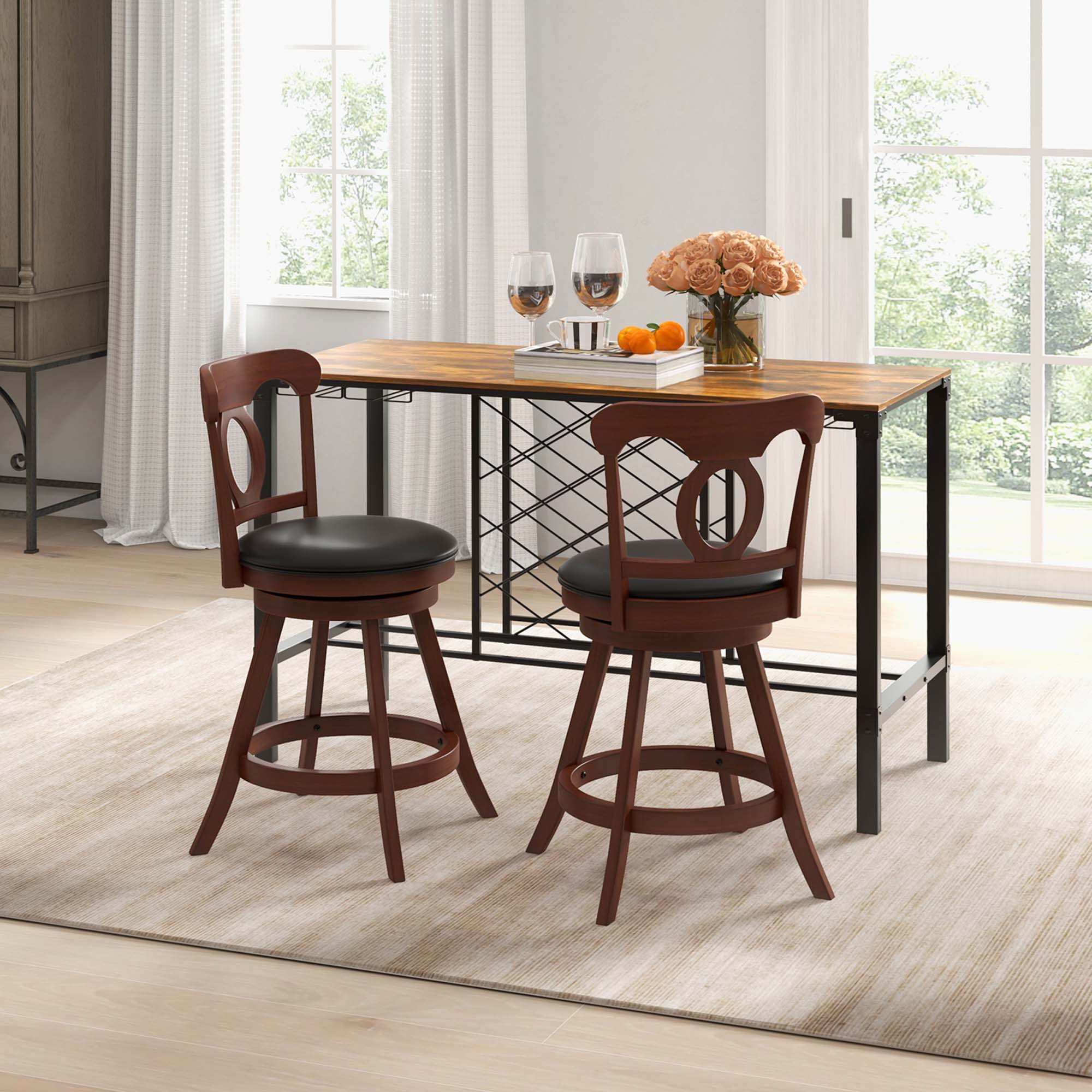 Back. Costway - Set of 2 Wooden Bar Stools 24" Swivel Counter Height Chairs with Footrest for Kitchen - Espresso + Black.