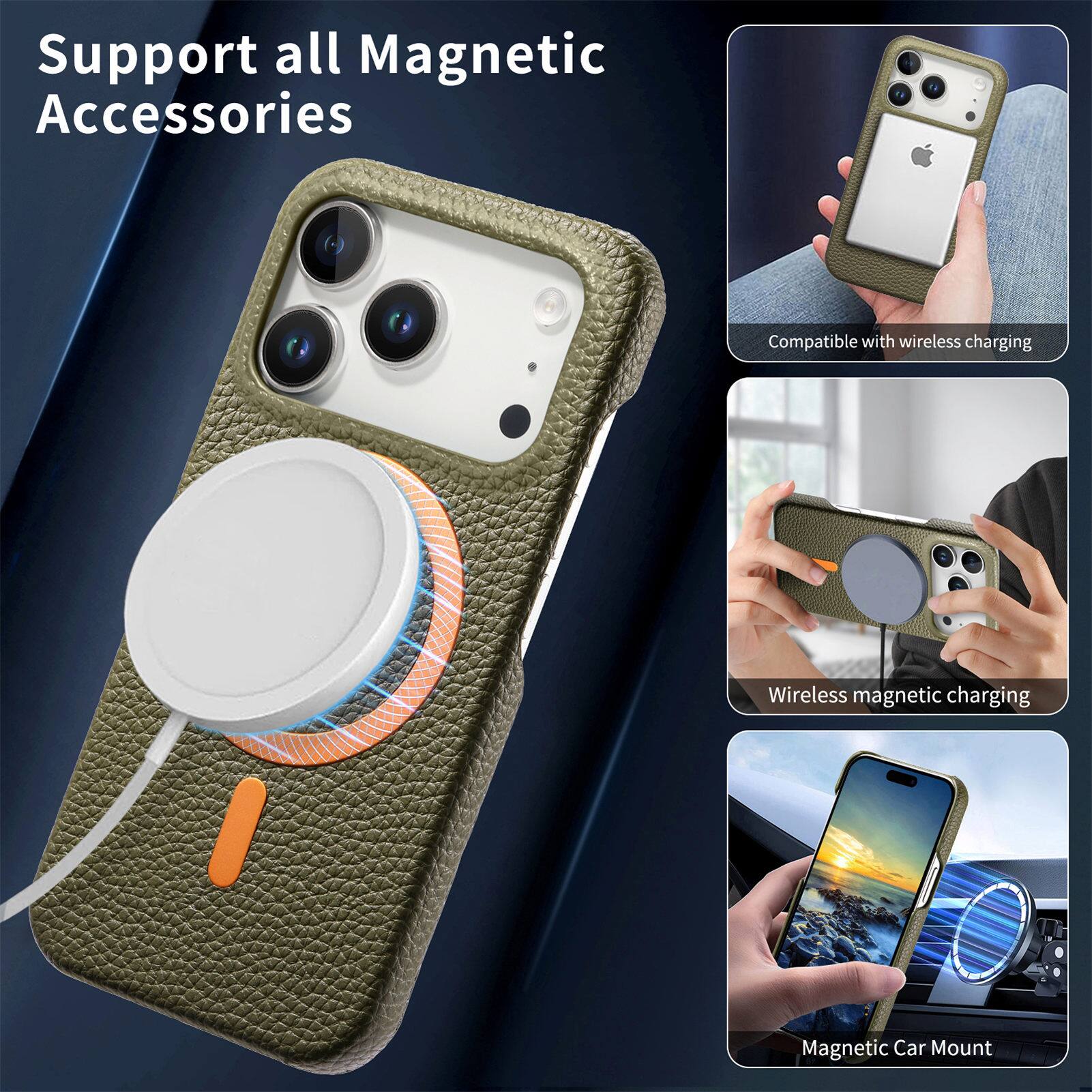 Support all Magnetic Accessories  
Compatible with wireless charging  
Wireless magnetic charging  
Magnetic Car Mount