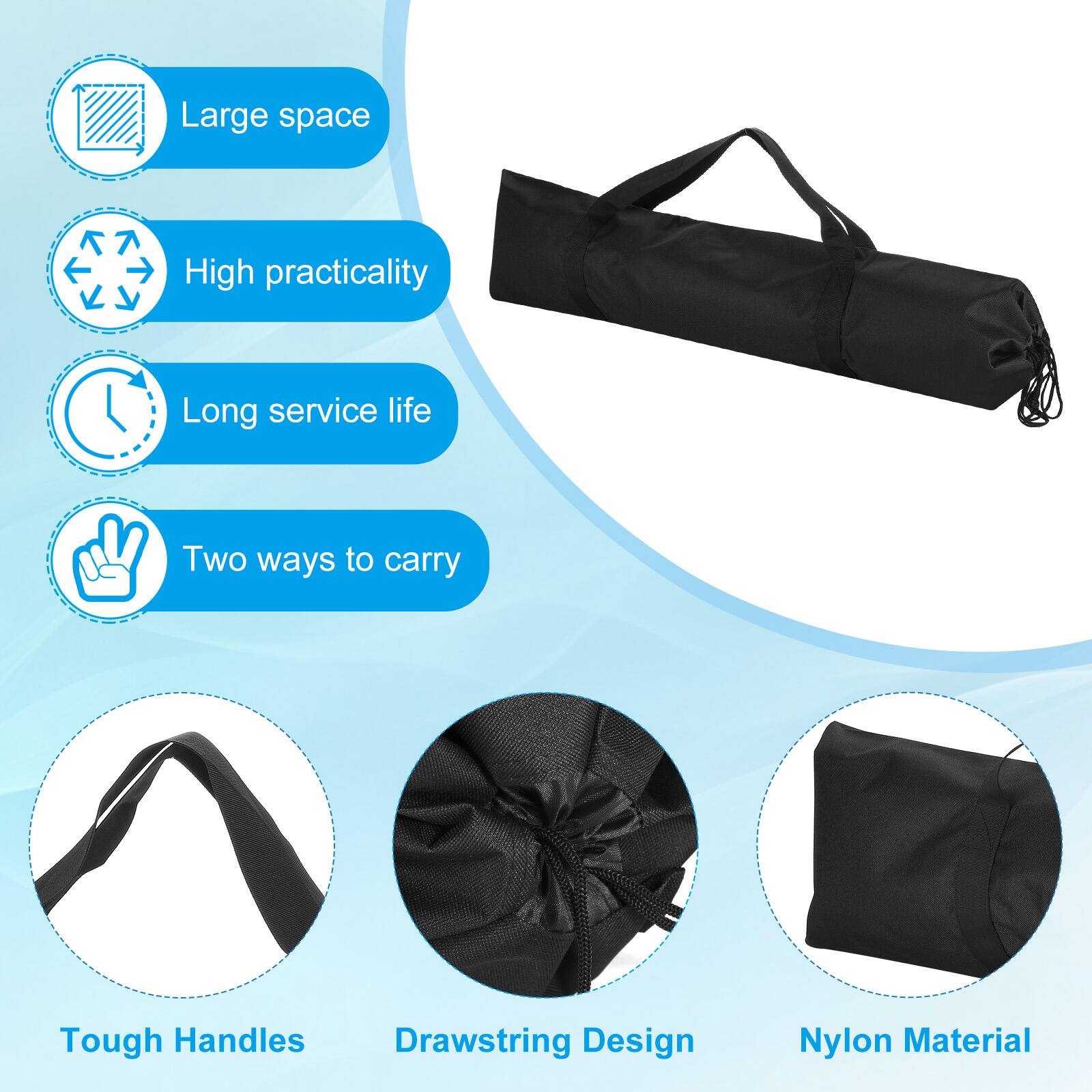 - Large space
- High practicality
- Long service life
- Two ways to carry
- Tough Handles
- Drawstring Design
- Nylon Material