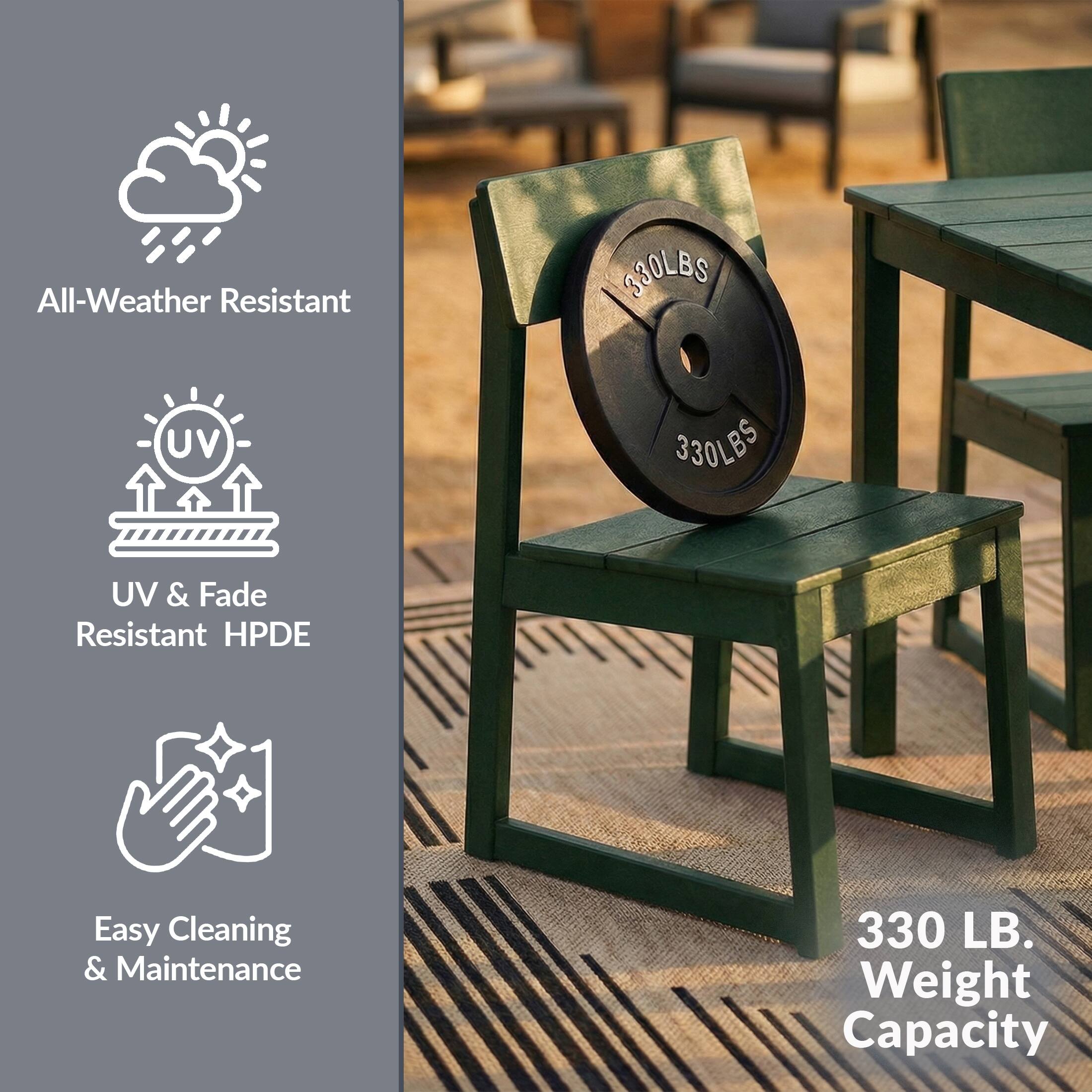 All-Weather Resistant  
UV & Fade Resistant HPDE  
Easy Cleaning & Maintenance  
330 LB. Weight Capacity