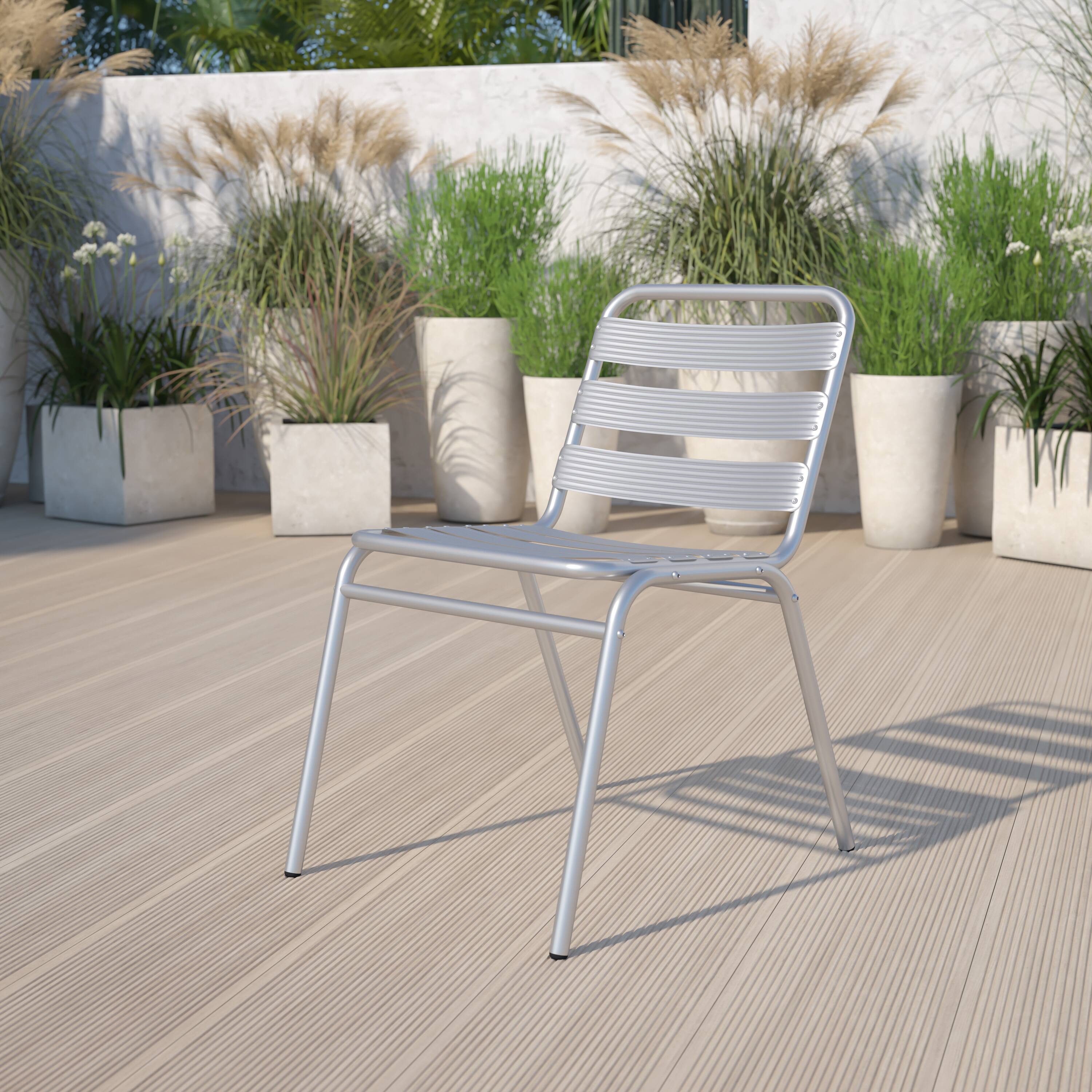 Alt View 1. Emma + Oliver - Metal Commercial Indoor-Outdoor Armless Restaurant Stack Chair with Triple Slat Back - Aluminum.