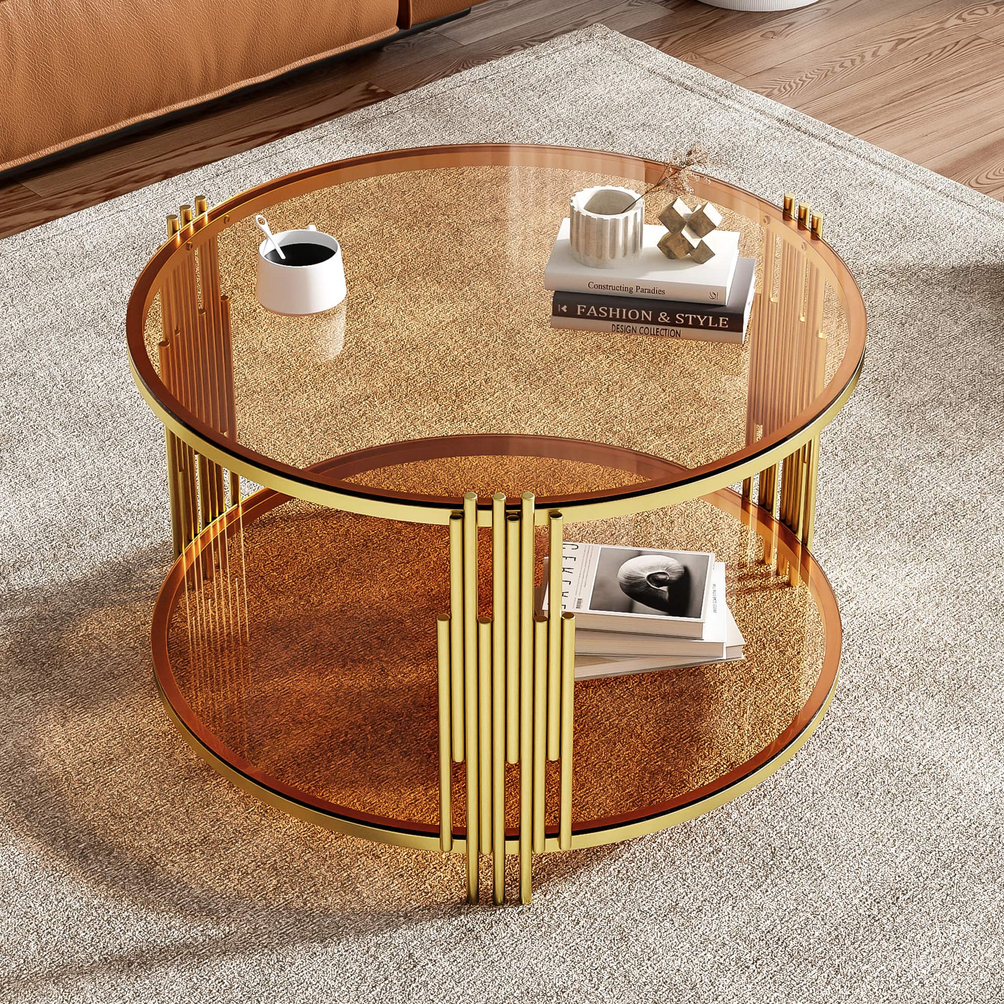 Tiramisubest - Modern Glass Coffee Table, Asymmetrical Metal, Circular Metal Drum Base, Gold Finish & Lower Shelf - Brown