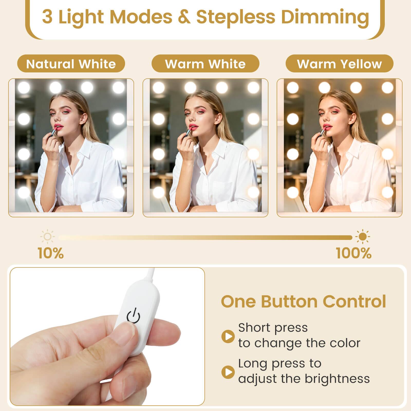 3 Light Modes & Stepless Dimming

- Natural White
- Warm White
- Warm Yellow

10% 100%

One Button Control

- Short press to change the color
- Long press to adjust the brightness