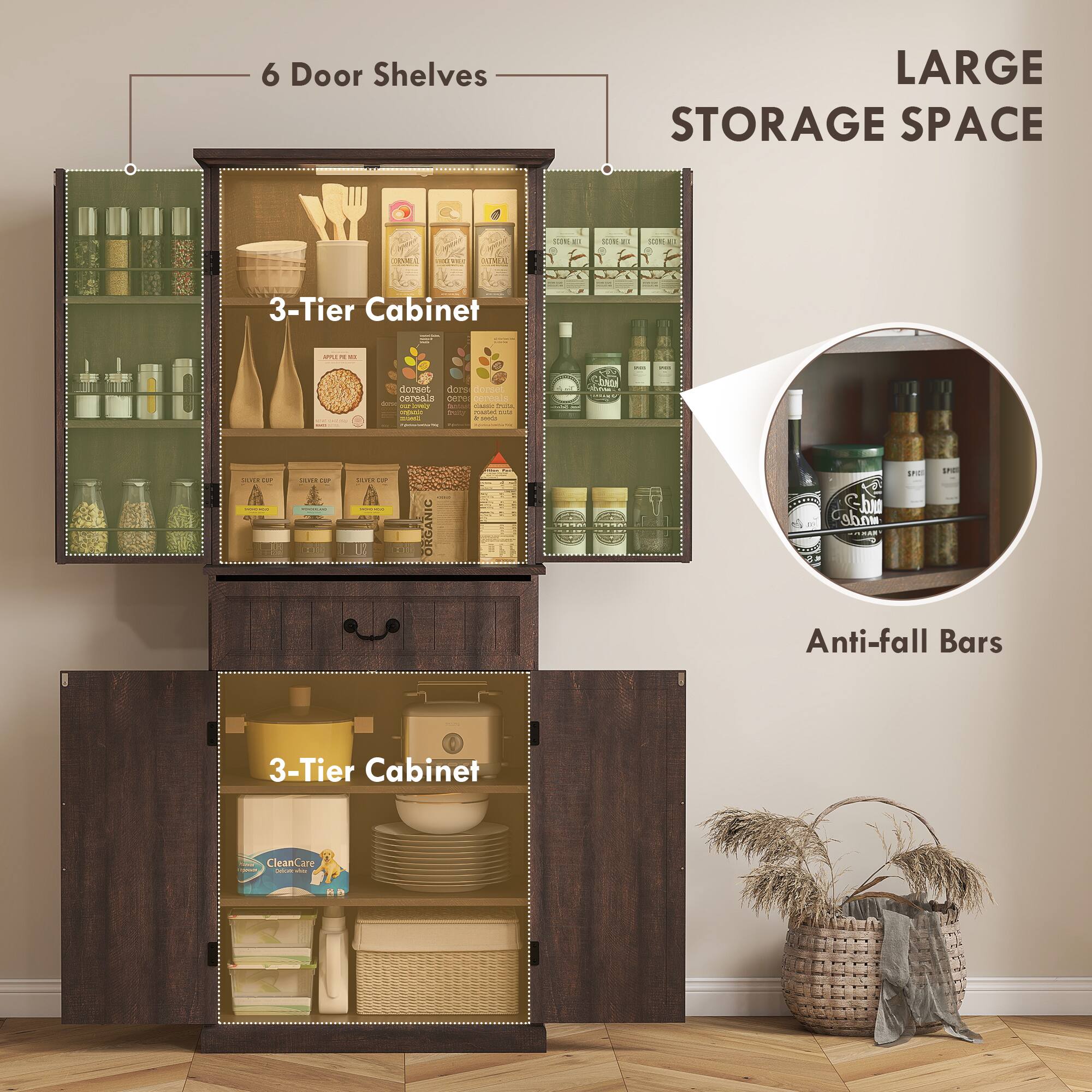 6 Door Shelves, 3-Tier Cabinet, 3-Tier Cabinet, LARGE STORAGE SPACE, Anti-fall Bars