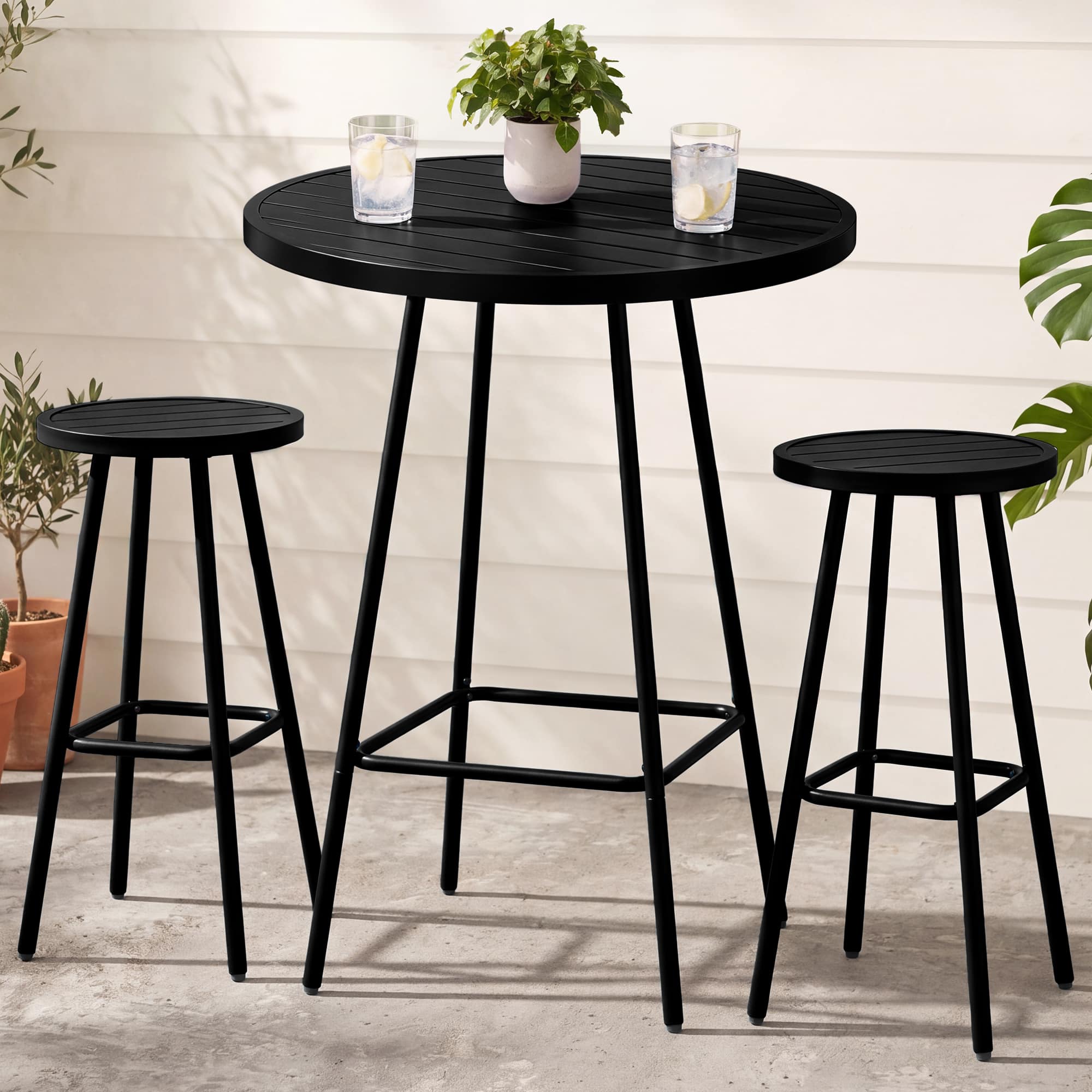 Best Choice Products - 3-Piece Steel Patio Bar Height Round Bistro Set w/ Backless Stools, Slatted Design - Black