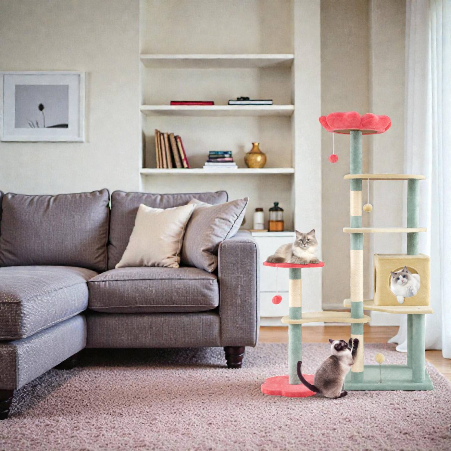 Front. BreeBe - 61" Tiered Kitten Tower with Decorative Flower-Style Platform and Soft Top Perch - Multicolor.