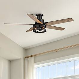 Siljoy - 52-inch Modern Farmhouse Cage Flush Mount Fan with Light APP & Remote Control for Indoor Covered Patio - Matte Black