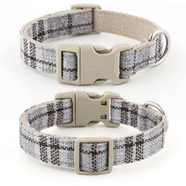 MOSZAR LLC - Cotton Hemp Dog Collar and Leash Set, Adjustable, Gray Plaid - Grey Plaid