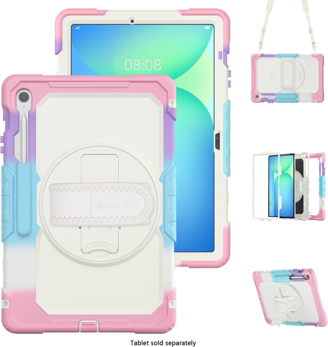 The image features a pink and white case for a tablet, which is sold separately. The case is designed to protect the tablet and is available in various colors. The tablet itself is not shown in the image, but it is likely that it is a SAHARA tablet. The case is designed to fit snugly around the tablet, providing a secure and stylish way to carry it around.