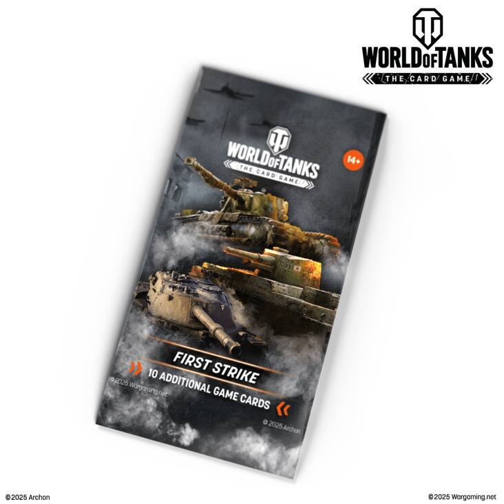 WORLD OF TANKS THE CARD GAME  
WORLD OF TANKS THE CARD GAME!  
14+  
FIRST STRIKE  
10 ADDITIONAL GAME CARDS  
© 2025 Wargaming.net  
© 2025 Archon  
Wargaming.net