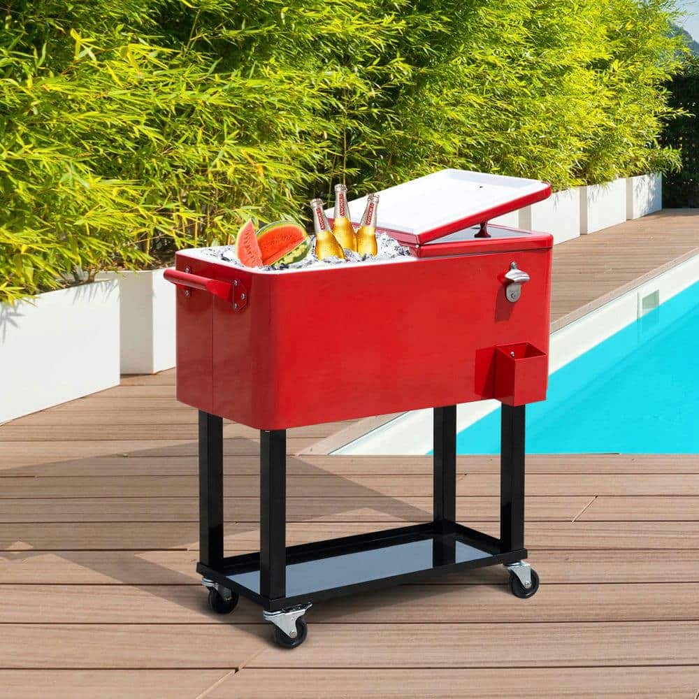 Resenkos - 80 QT Rolling Ice Chest Bin, Stand-Up Outdoor Drink Cooler Cart on Wheels for Party - Red