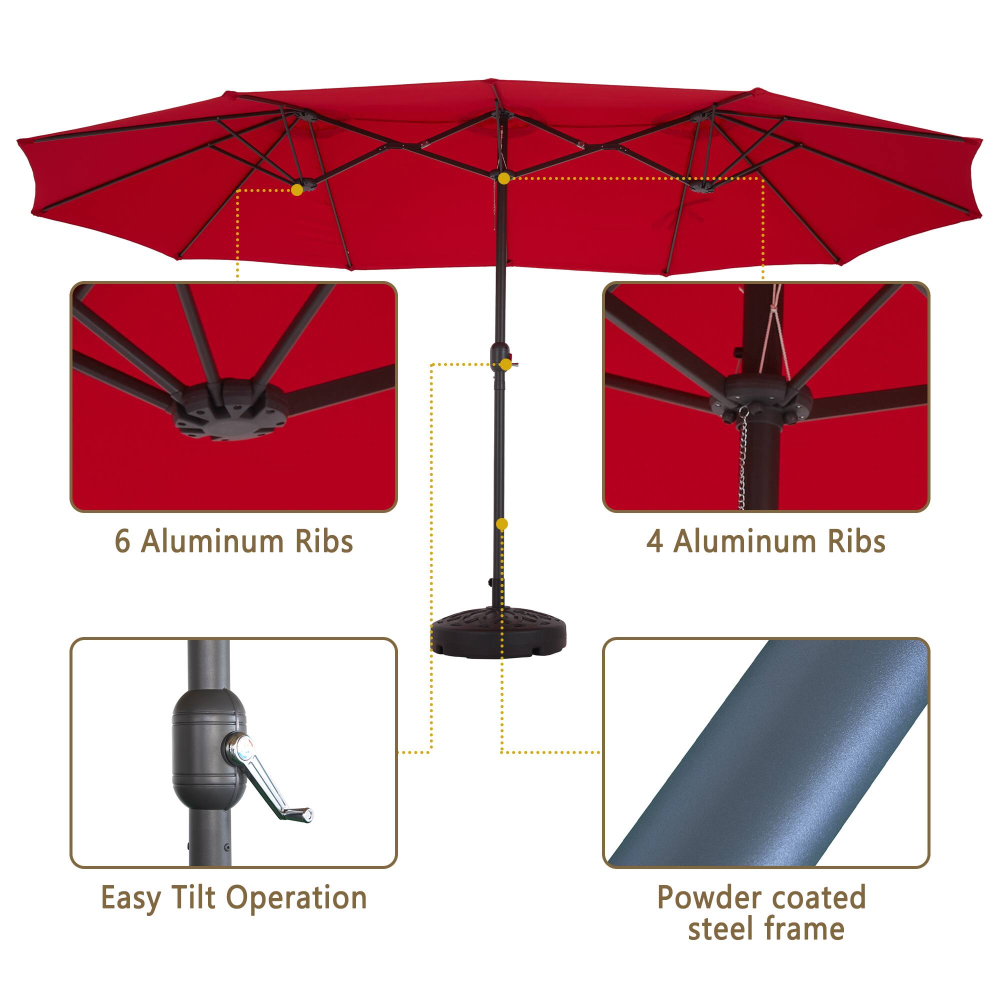 - 6 Aluminum Ribs
- 4 Aluminum Ribs
- Easy Tilt Operation
- Powder coated steel frame