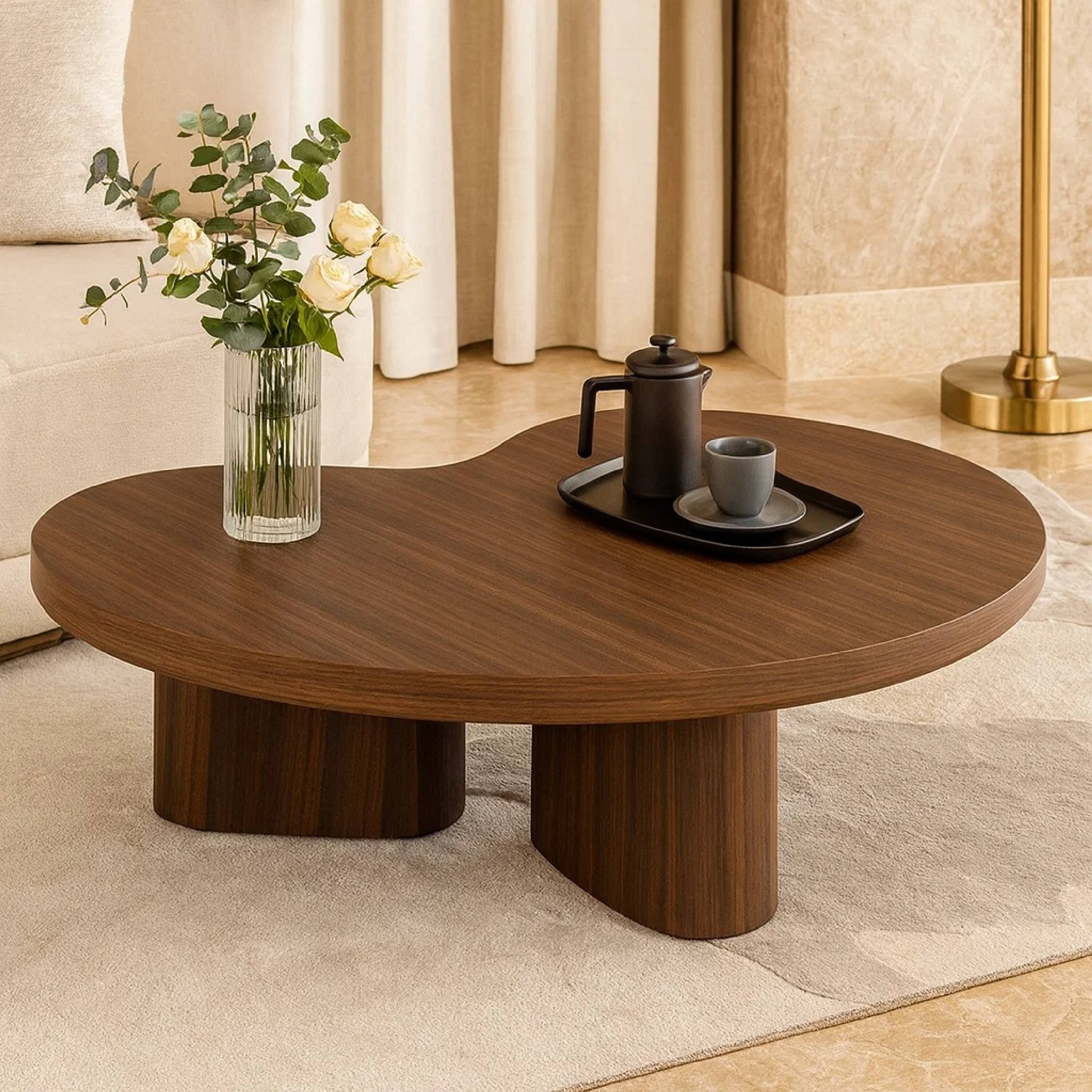 Alt View 6. Manhattan Lane - Yex Coffee Table, 35 Inch Curved Top with Pedestal Legs, Smoked Oak Brown - Smoked Oak Brown, Light Gray.