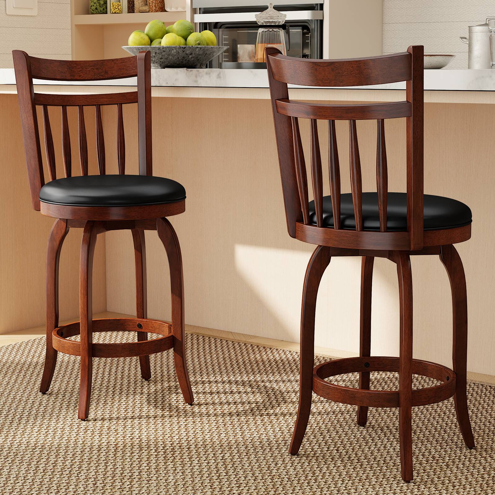 Alt View 1. Costway - Costway 24" Swivel Bar Stools Set of 2 with Backs, Solid Wood Legs & Footrest for Home Bar - Expresso.