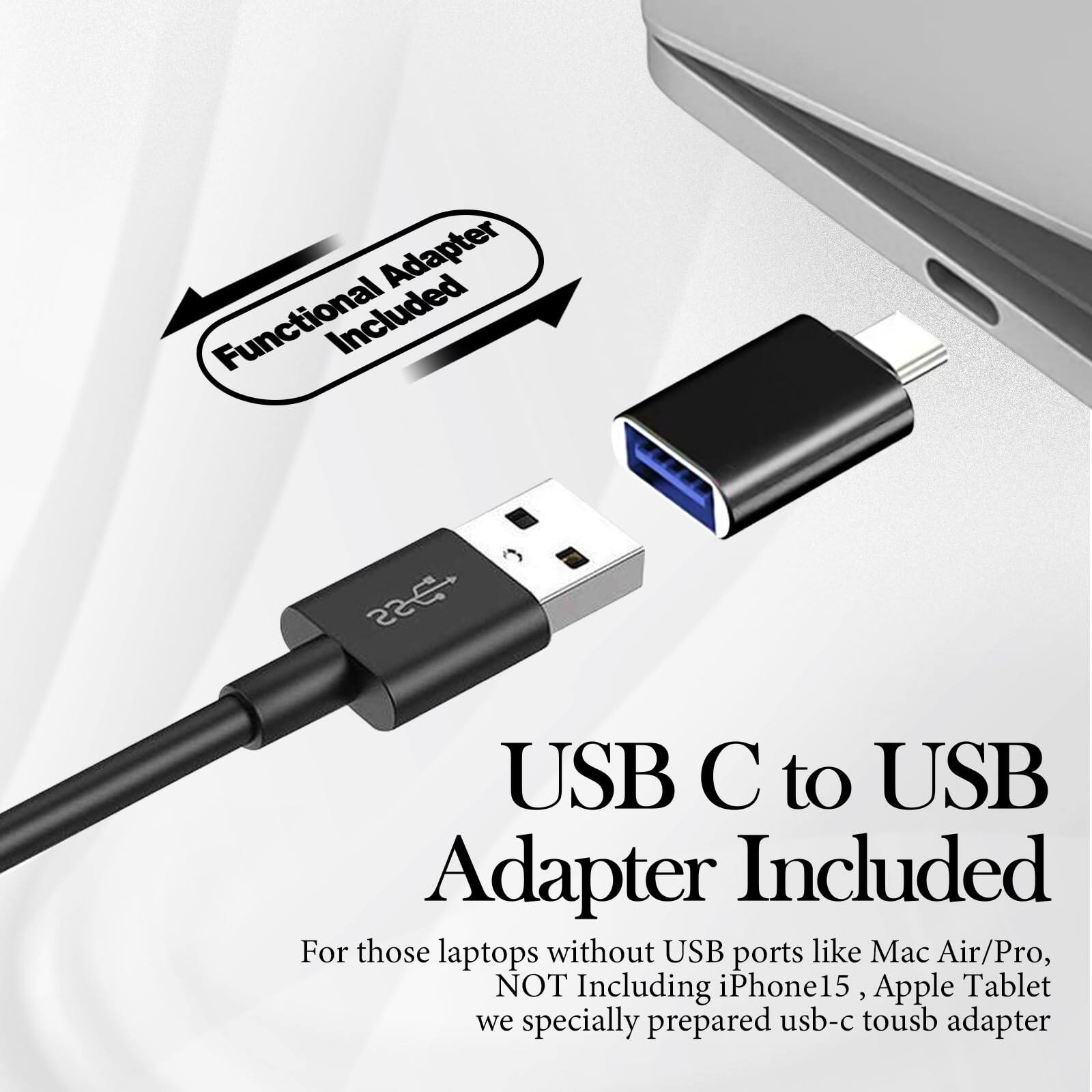 USB C to USB Adapter Included

Functional Adapter Included

For those laptops without USB ports like Mac Air/Pro, NOT Including iPhone15, Apple Tablet we specially prepared usb-c to usb adapter