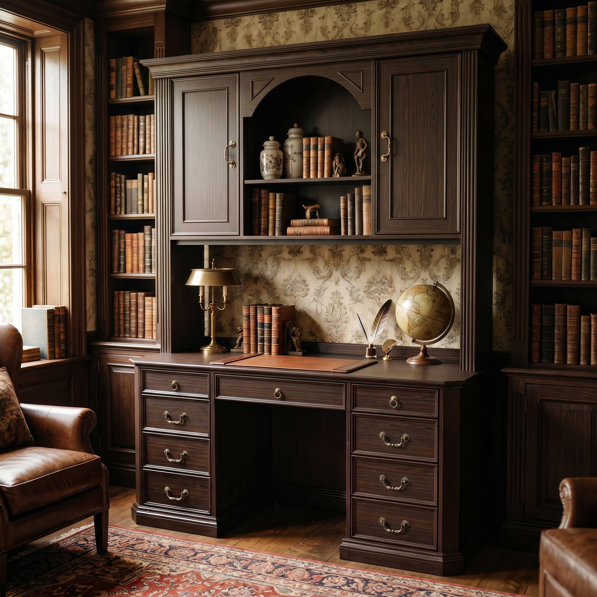 Left. Famapy - Bookcase Desk with Hutch & Drawers, Large Computer Desk with Arched Shelves for Home Library Student Writing Station - Dark Brown.