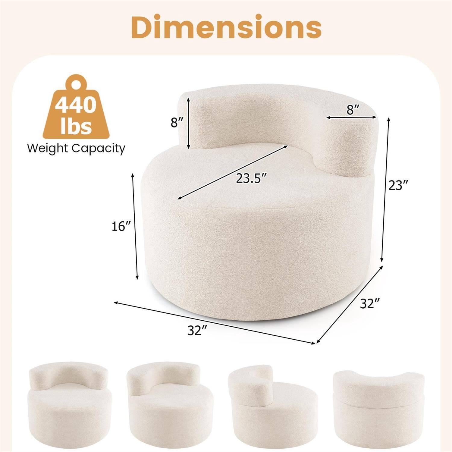 Dimensions  
440 lbs Weight Capacity  
8" x 8" x 23.5" x 23" x 16" x 32" x 32"