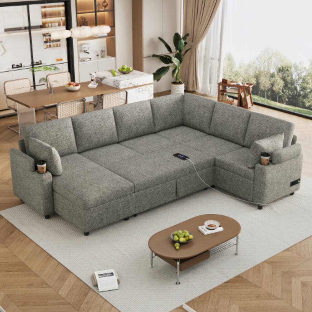 Angle. LUCKY ONE - 109.9" U-Shaped Convertible Sectional Sofa Bed w/ Storage Cup Holders USB Ports - LIGHT GREY.