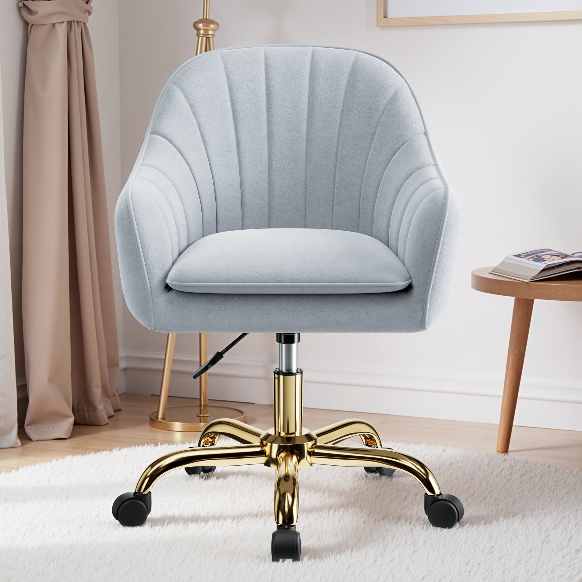 Brick Attic - Vanity Chair with Wheels, Ergonomic Home Office Desk Chairs,Adjustable Velvet Swivel Makeup Stool for Living Room - Gray