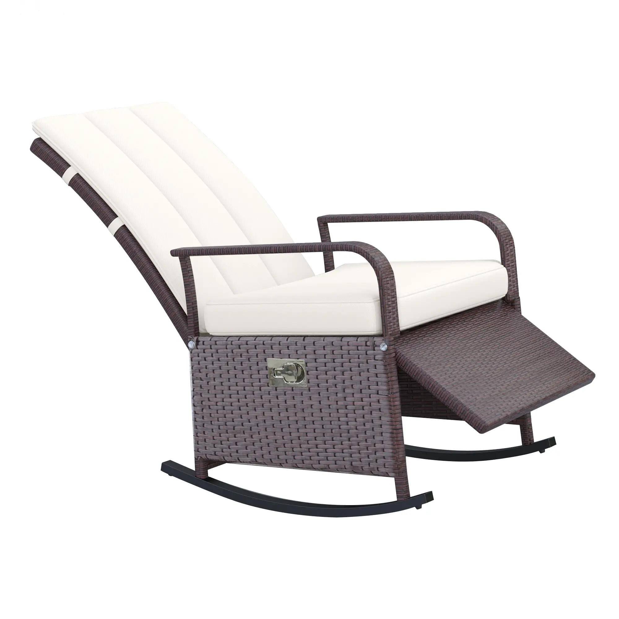 Alt View 7. Resenkos - Resenkos Rattan Rocking Chair with Footstool, Beige, Outdoor Lounger, Mixed Brown/Cream White - Mixed Brown/Cream White.
