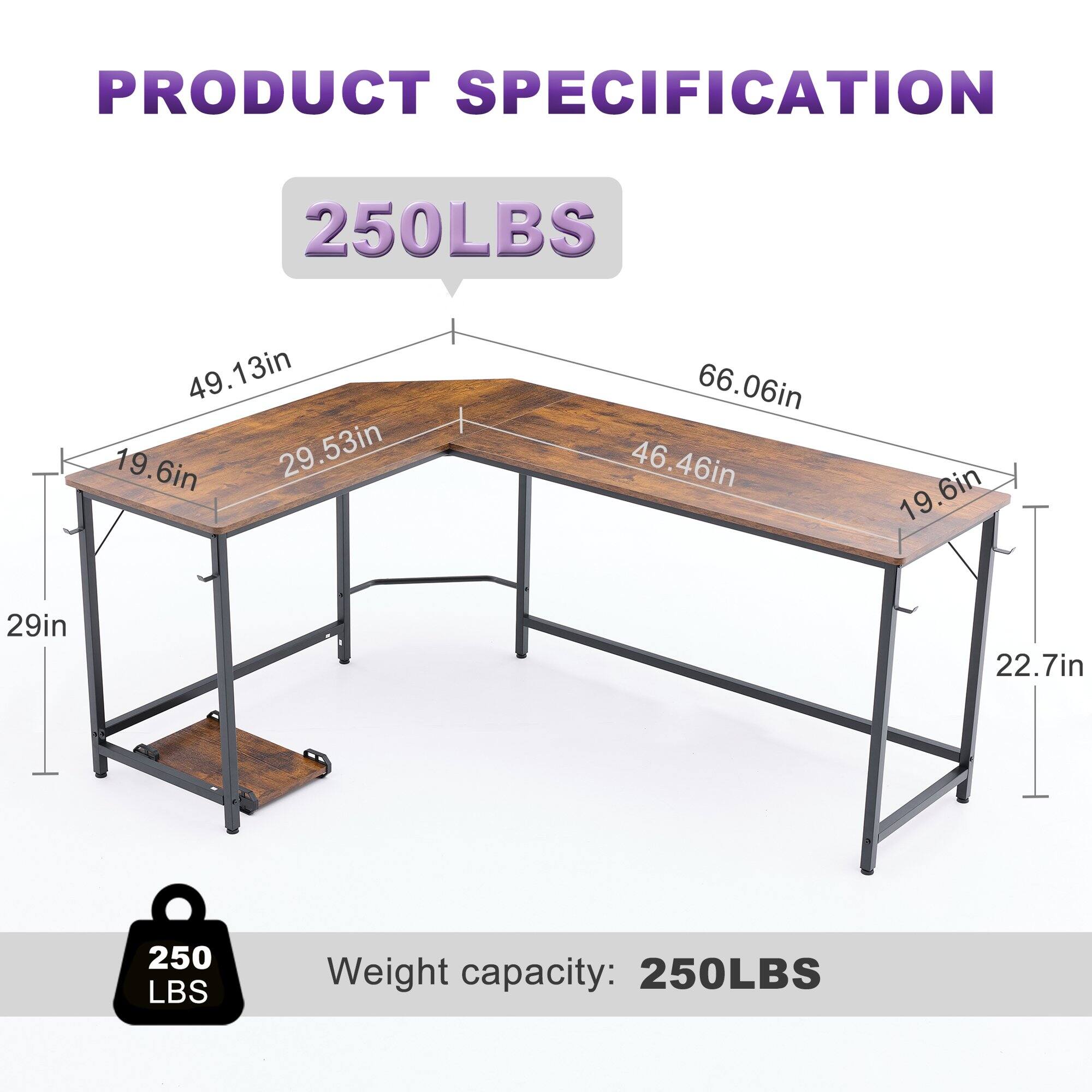 PRODUCT SPECIFICATION

250LBS

Weight capacity: 250LBS

Dimensions:
- Length: 66.06in
- Width: 46.46in
- Height: 29in
- Tabletop Depth: 19.6in
- Tabletop Width: 49.13in
- Tabletop Height: 29.53in
- Leg Width: 19.6in
- Leg Height: 22.7in