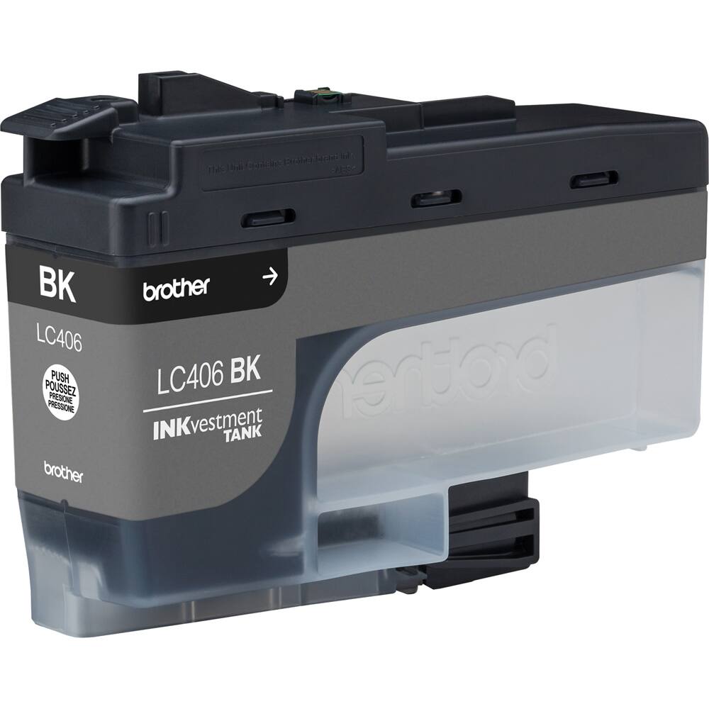 The text on the image is:

"HE e Containe Enciia Thic Una BK LC406 PUSH POUSSEZ PRESIONE PRESSIONE brother II brother LC406 BK brother INK INKvestment TANK"

Corrected and grouped text:

"HE e Containe Enciia Thic Una BK LC406 PUSH POUSSEZ PRESIONE PRESSIONE brother II brother LC406 BK brother INK INKvestment TANK"