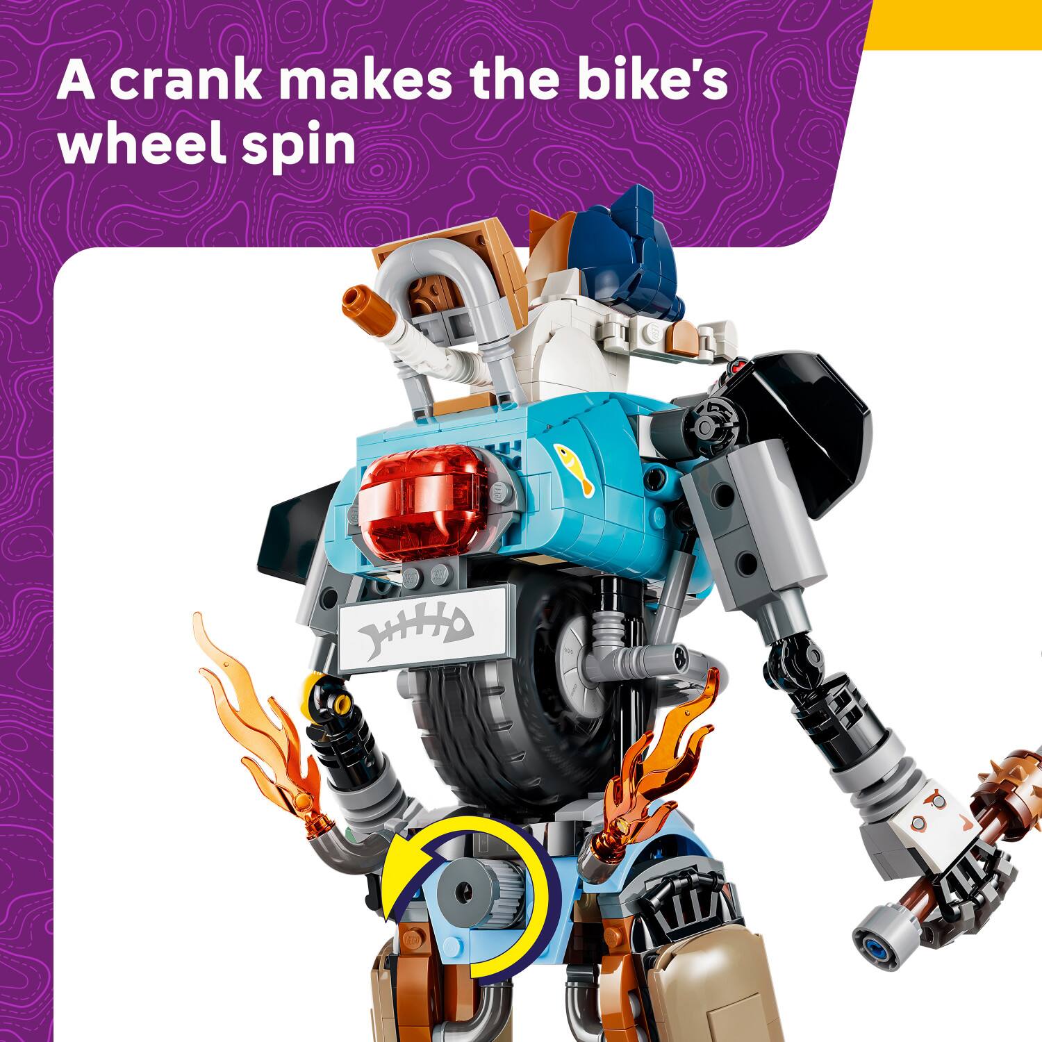 A crank makes the bike's wheel spin