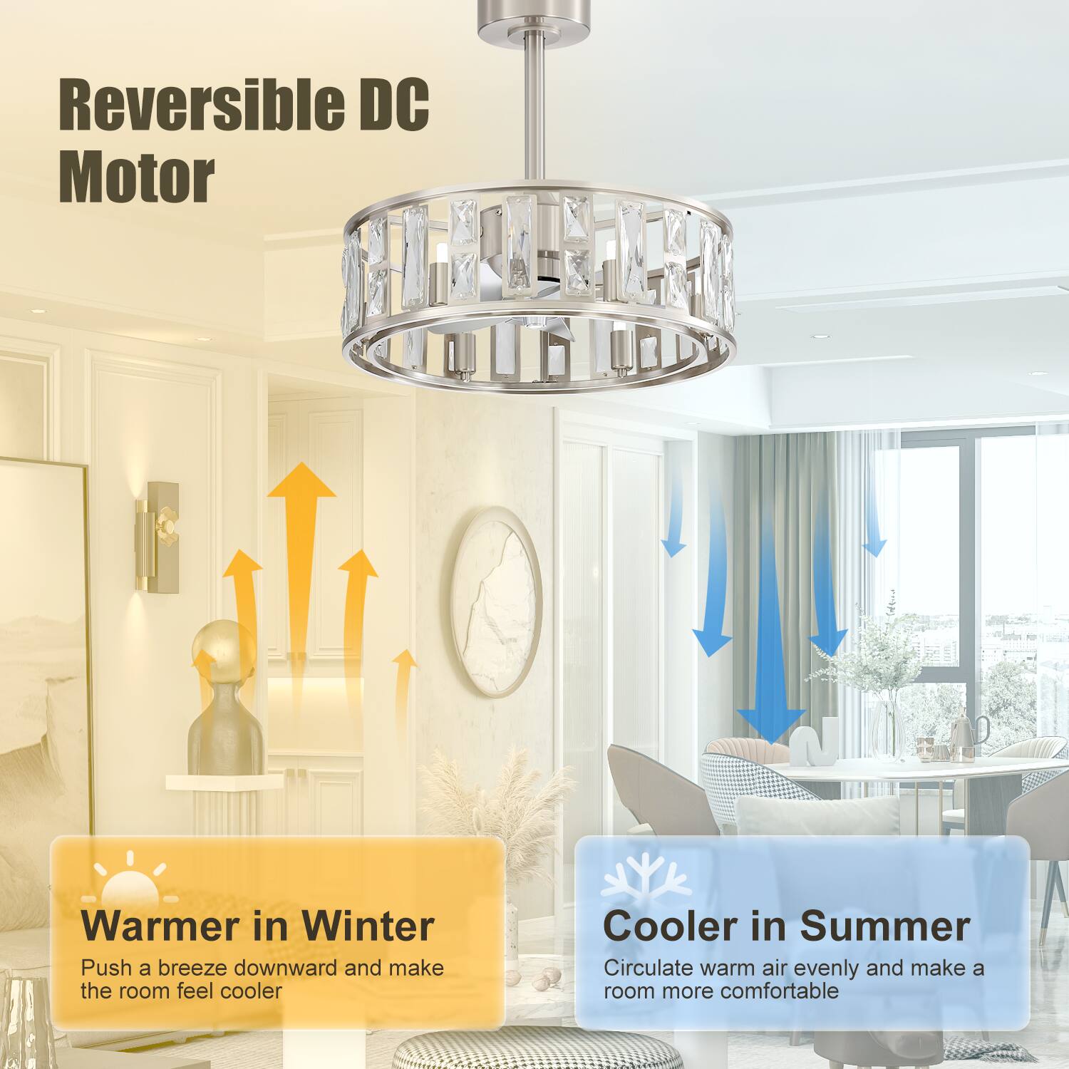 Reversible DC Motor

Warmer in Winter
Push a breeze downward and make the room feel cooler

Cooler in Summer
Circulate warm air evenly and make a room more comfortable