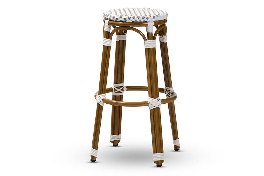Front. Baxton Studio - Joelle Classic French Indoor and Outdoor Bamboo Style Stackable Bistro Bar Stool - Grey/White.