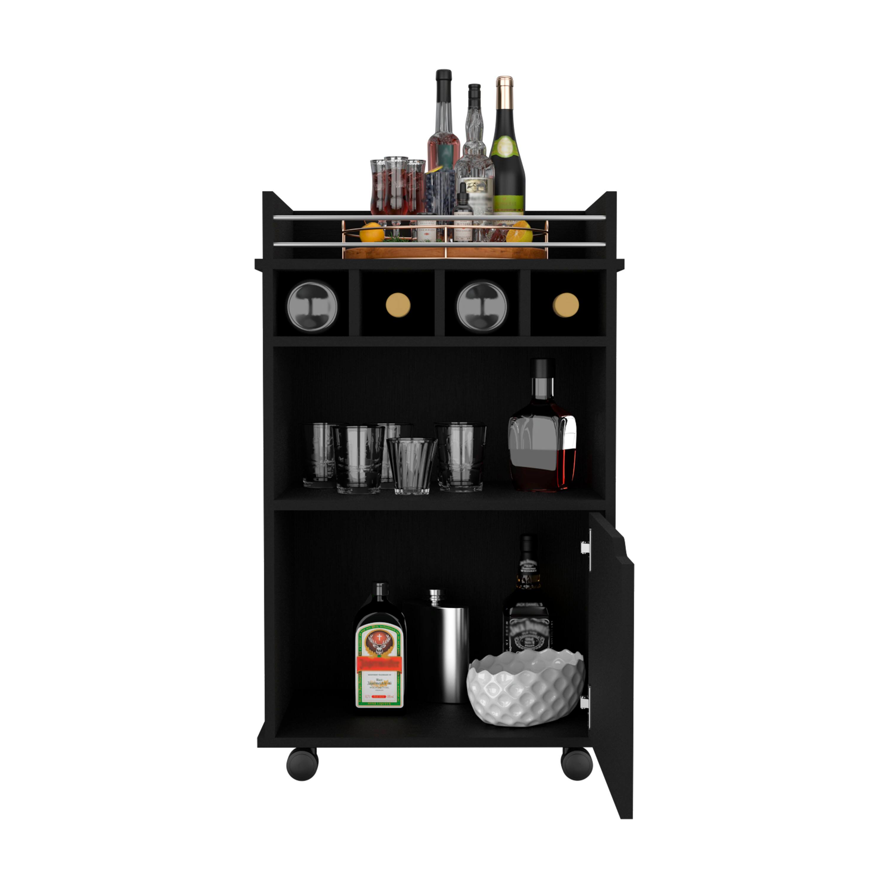 Alt View 1. TuHome - Phoenix Bar Cart with 2 Open Shelves, 4 Wine Cubbies, One Cabinet, Bar Room. - Black.