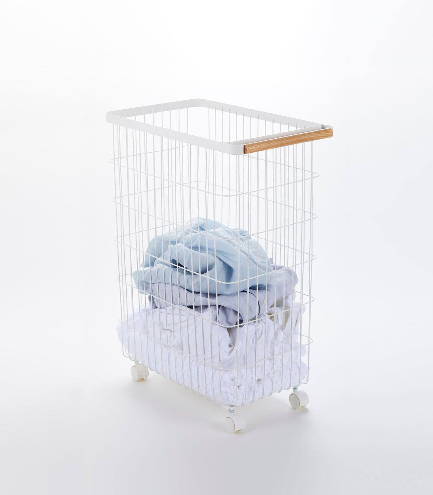 Left. Yamazaki Home - Rolling Wire Basket (24" H)  - Steel + Wood - White.
