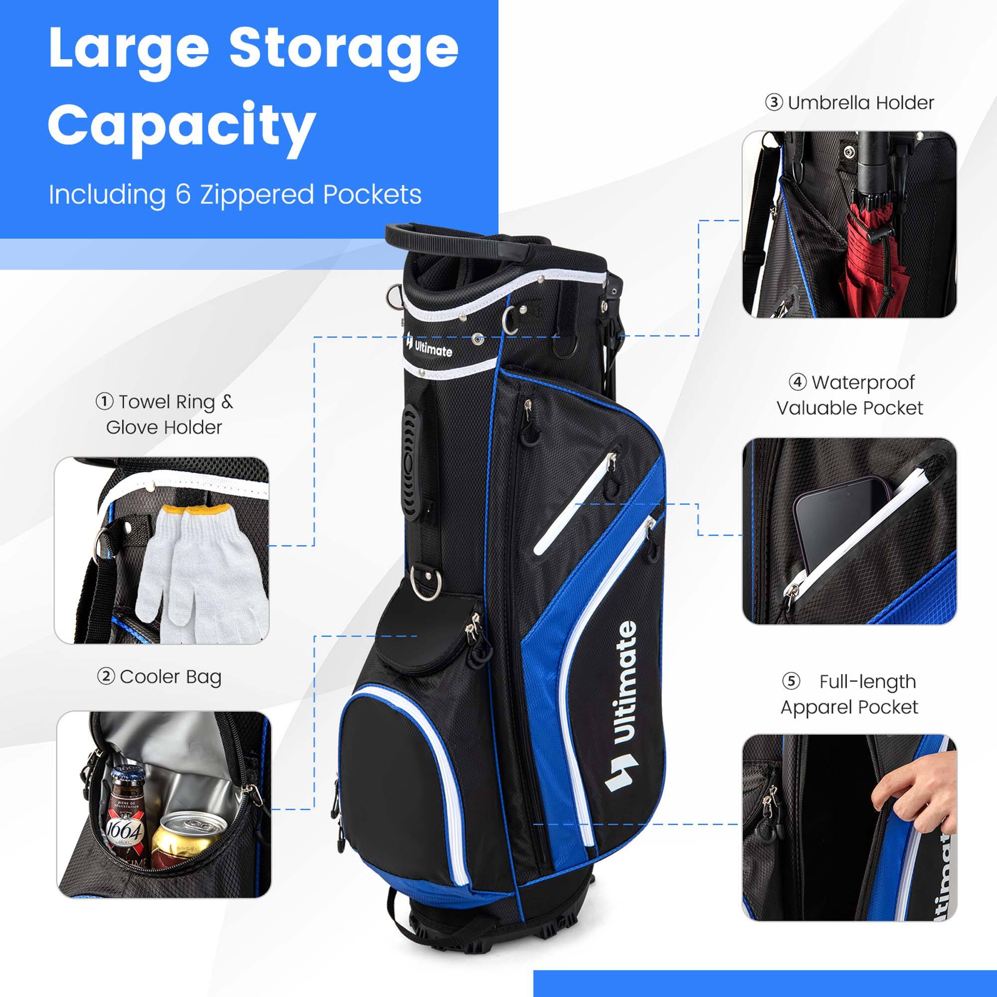 Large Storage Capacity  
Including 6 Zippered Pockets  

1. Towel Ring & Glove Holder  
2. Cooler Bag  
3. Umbrella Holder  
4. Waterproof Valuable Pocket  
5. Full-length Apparel Pocket