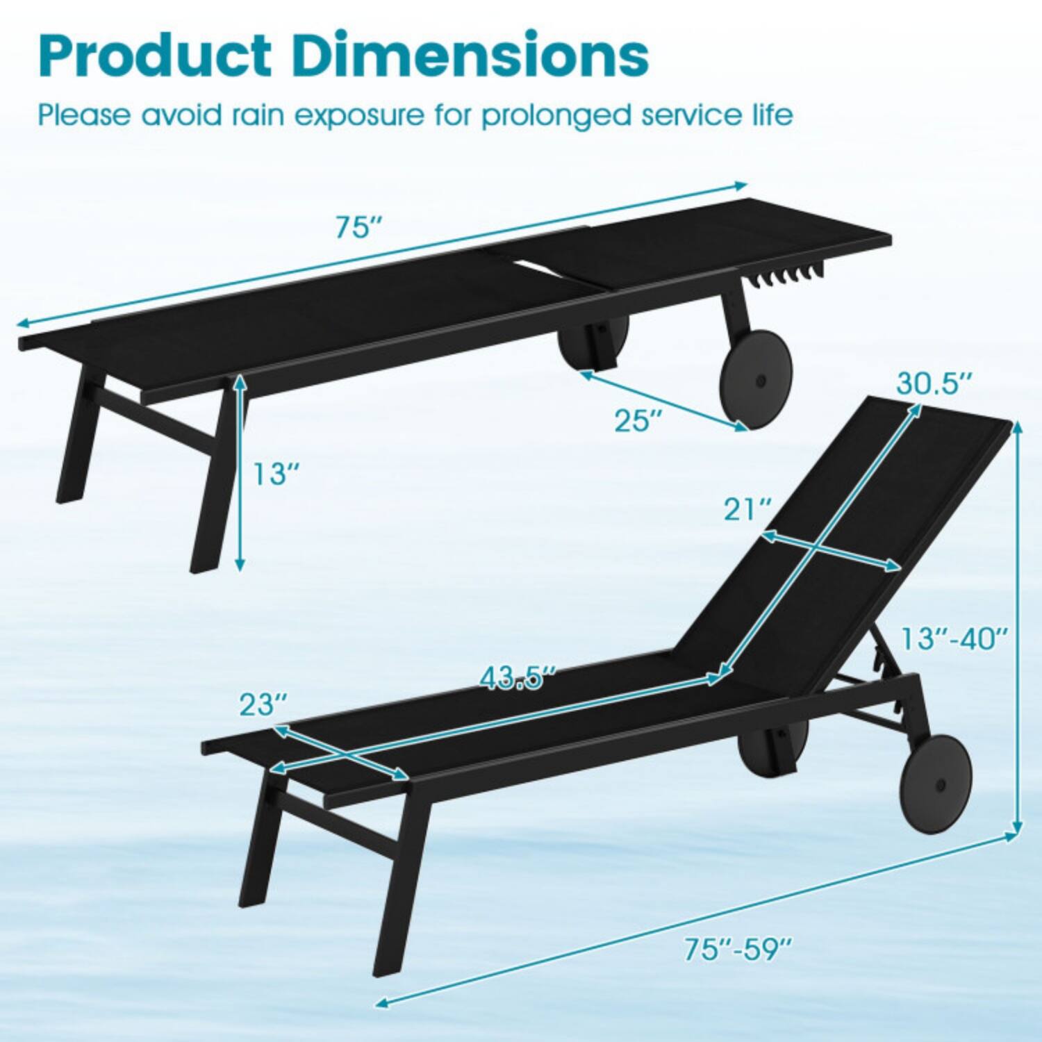 Product Dimensions  
Please avoid rain exposure for prolonged service life  

75"  
25"  
30.5"  
13"  
21"  
23"  
43.5"  
13"-40"  
75"-59"