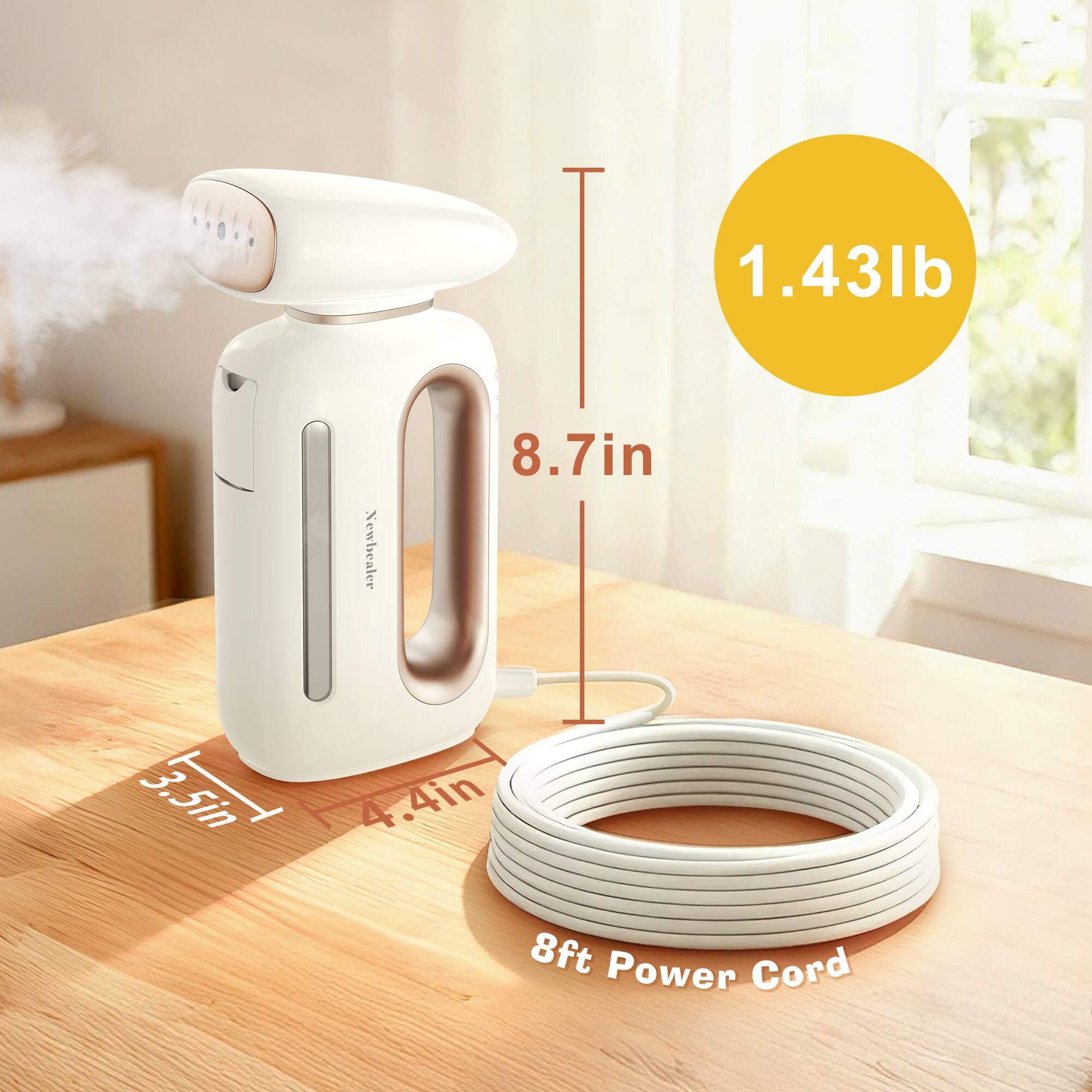 1.43lb  
8.7in  
3.5in  
4.4in  
8ft Power Cord