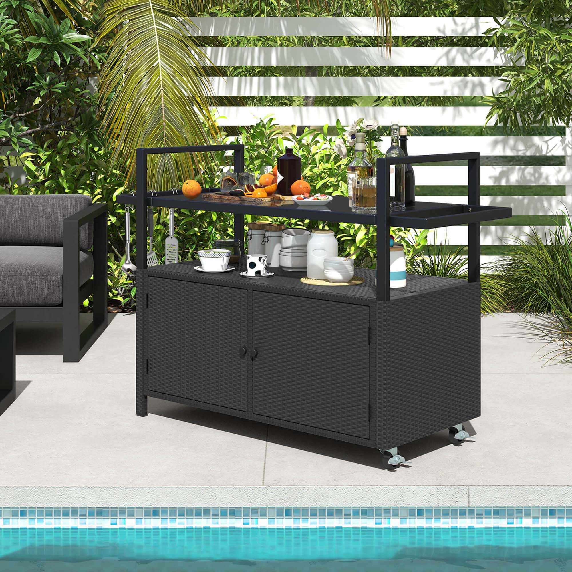 Alt View 4. Costway - Costway Outdoor Bar Cart with Tempered Glass Top Storage Cabinet & 8 Hooks for Porch - Black.