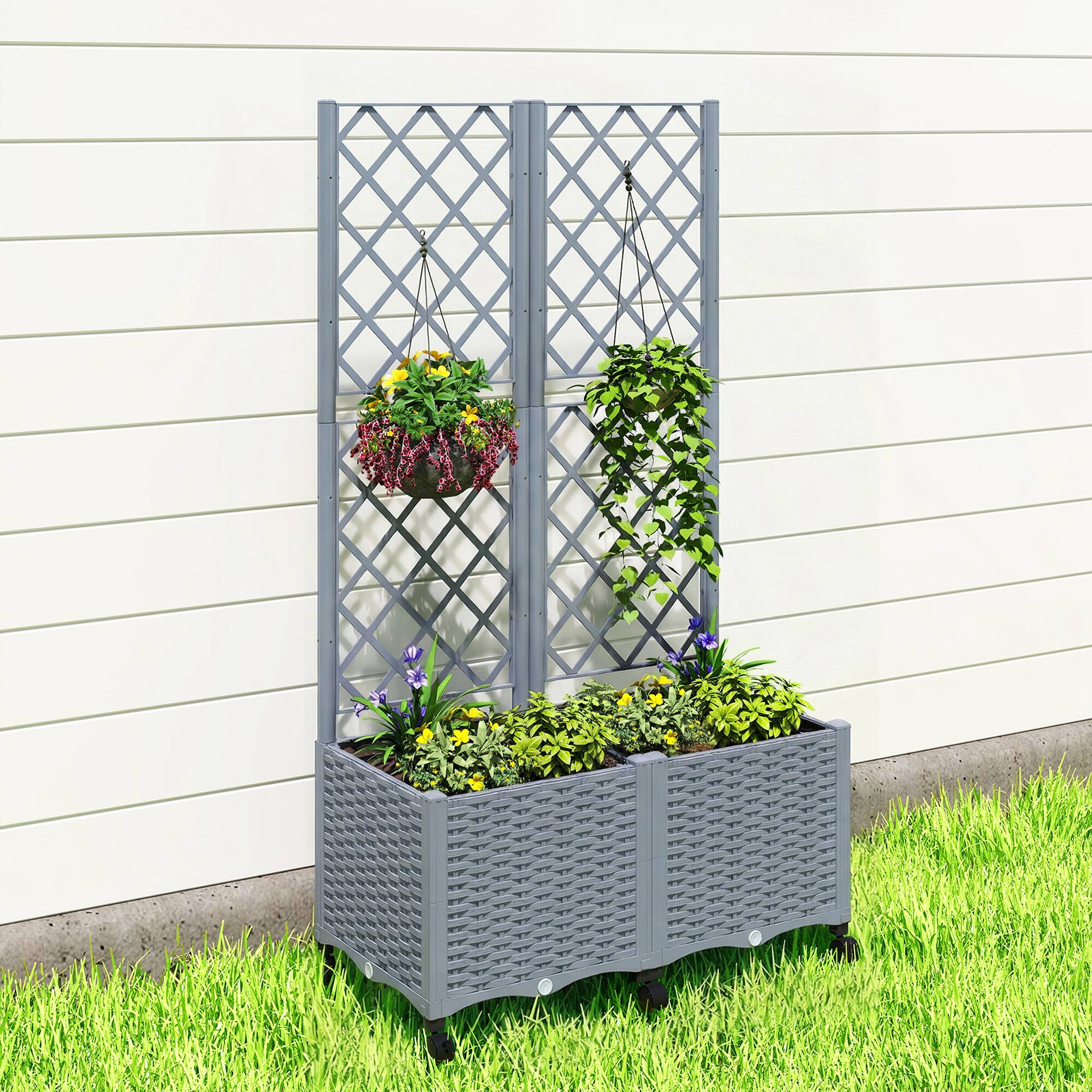 Alt View 8. Outsunny - Planter Box with Trellis, Self Watering Raised Garden Bed with Lockable Wheels, 56.3" Trellis Privacy Planter.