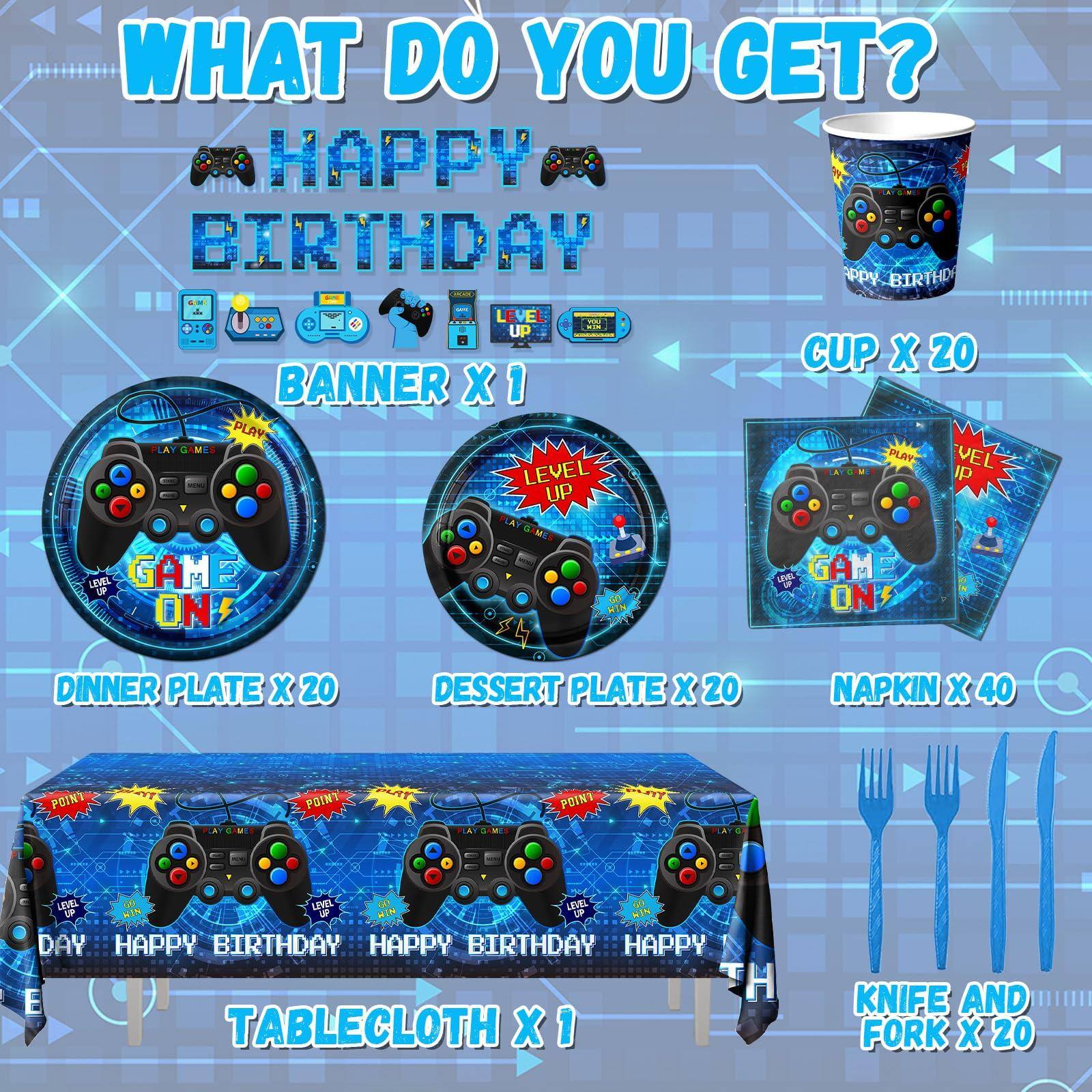 WHAT DO YOU GET?

HAPPY BIRTHDAY

BANNER X 1

CUP X 20

DINNER PLATE X 20

DESSERT PLATE X 20

NAPKIN X 40

TABLECLOTH X 1

KNIFE AND FORK X 20