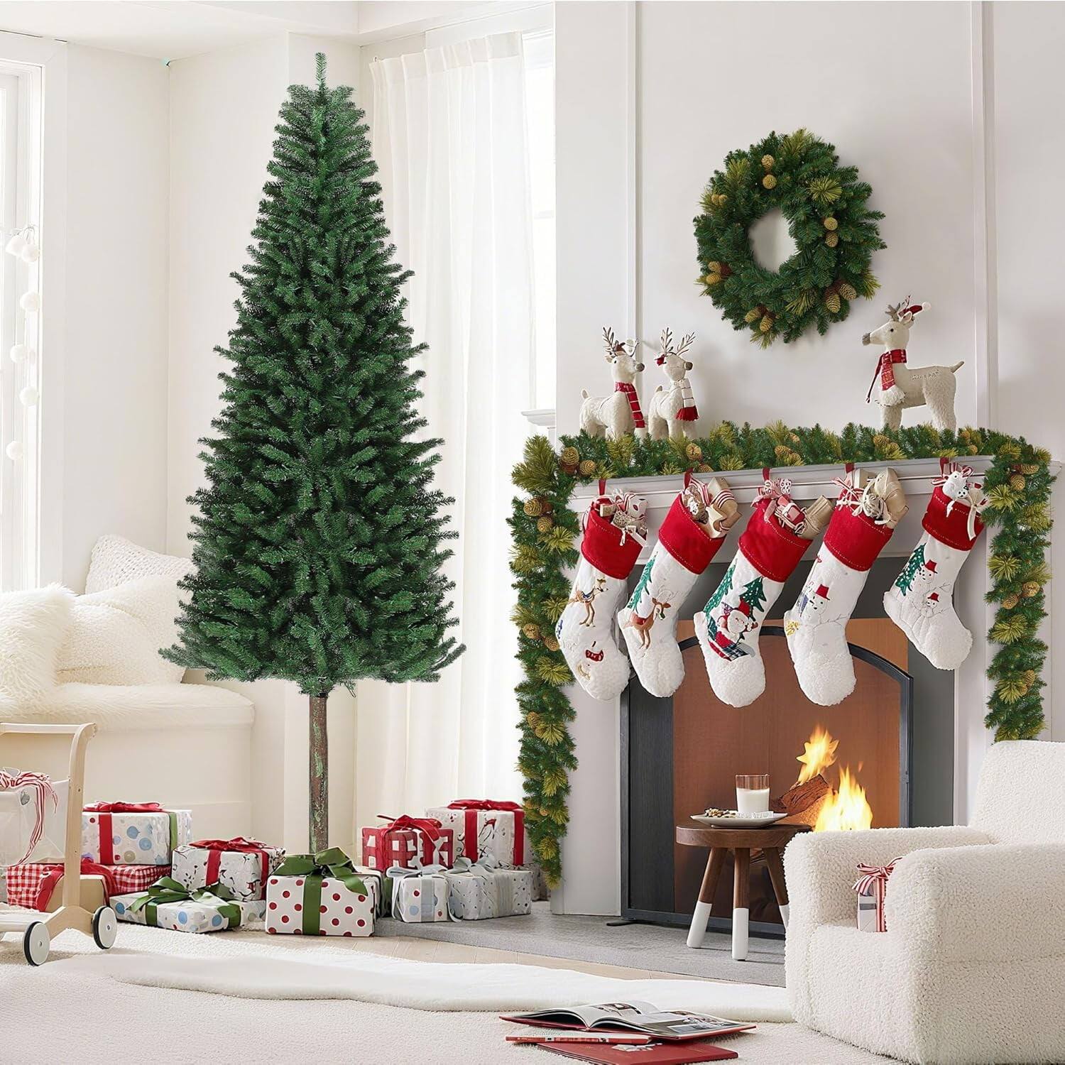 Alt View 4. GARVEE - 7.5ft Pre-Lit Slim Pencil Christmas Tree with LED Lights, Warm White Twinkle, Metal Stand for Holiday Home Decor - 7.5ft.