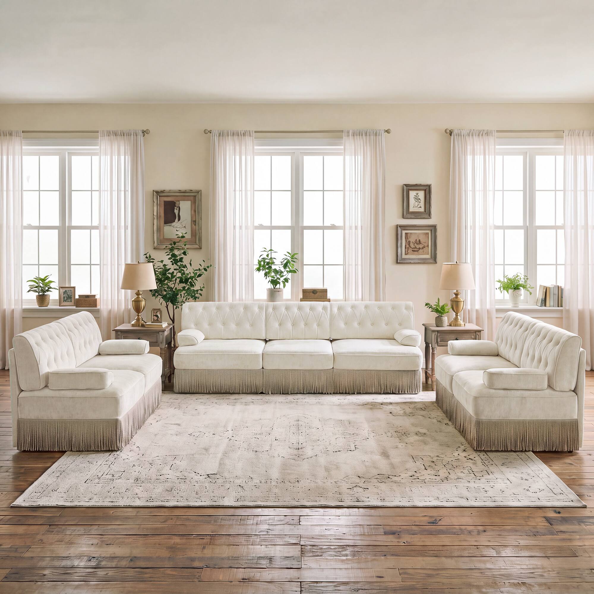 Angle. Anysun - Chesterfield Upholstered 3‑Piece Sofa Set, 2Pcs 2-Seater & 1Pc 3-Seater Button-Tufted Velvet Couch with Tassel Skirt - Beige.