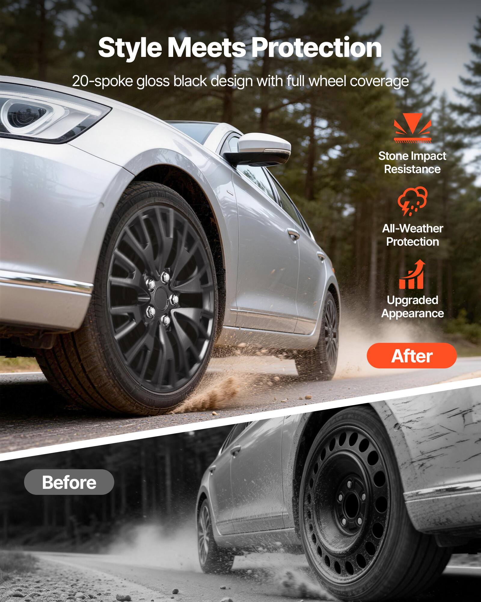 Style Meets Protection  
20-spoke gloss black design with full wheel coverage  
Stone Impact Resistance  
All-Weather Protection  
Upgraded Appearance  

After  
Before