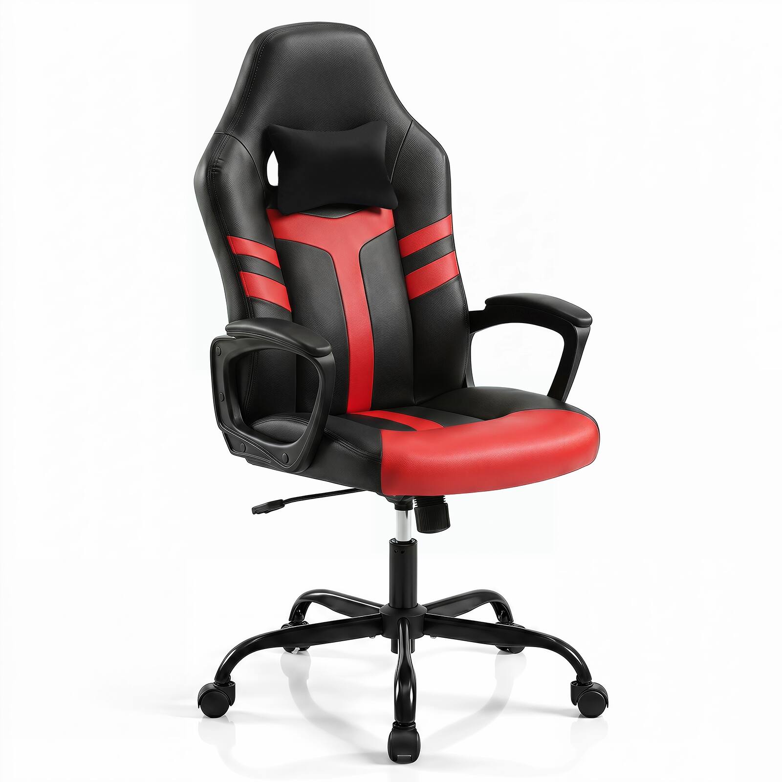 Alt View 9. Costway - Costway Faux Leather Upholstered Office Chair with Removable Head Pillow, Padded Armrests - Red + Black.